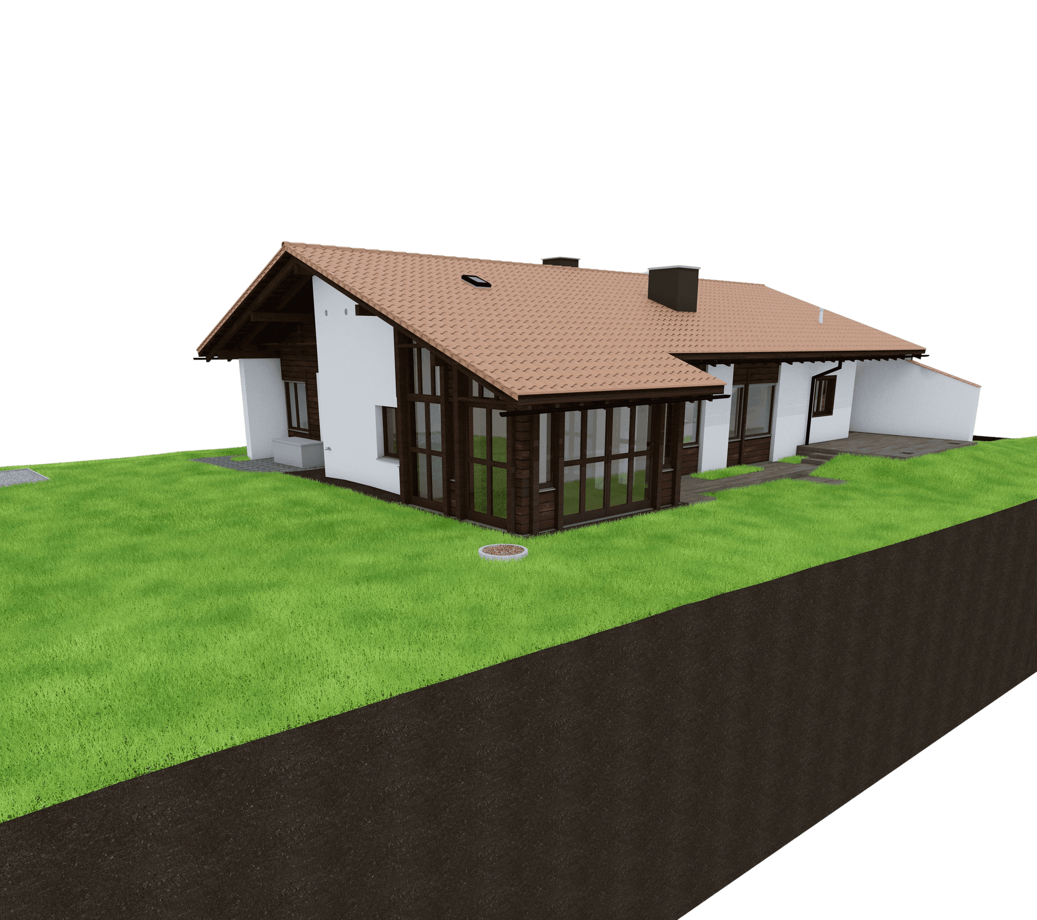 Einfamilienhaus mit Satteldach, weißen Wänden und großen Fenstern auf grünem Rasen, 3D-Darstellung.