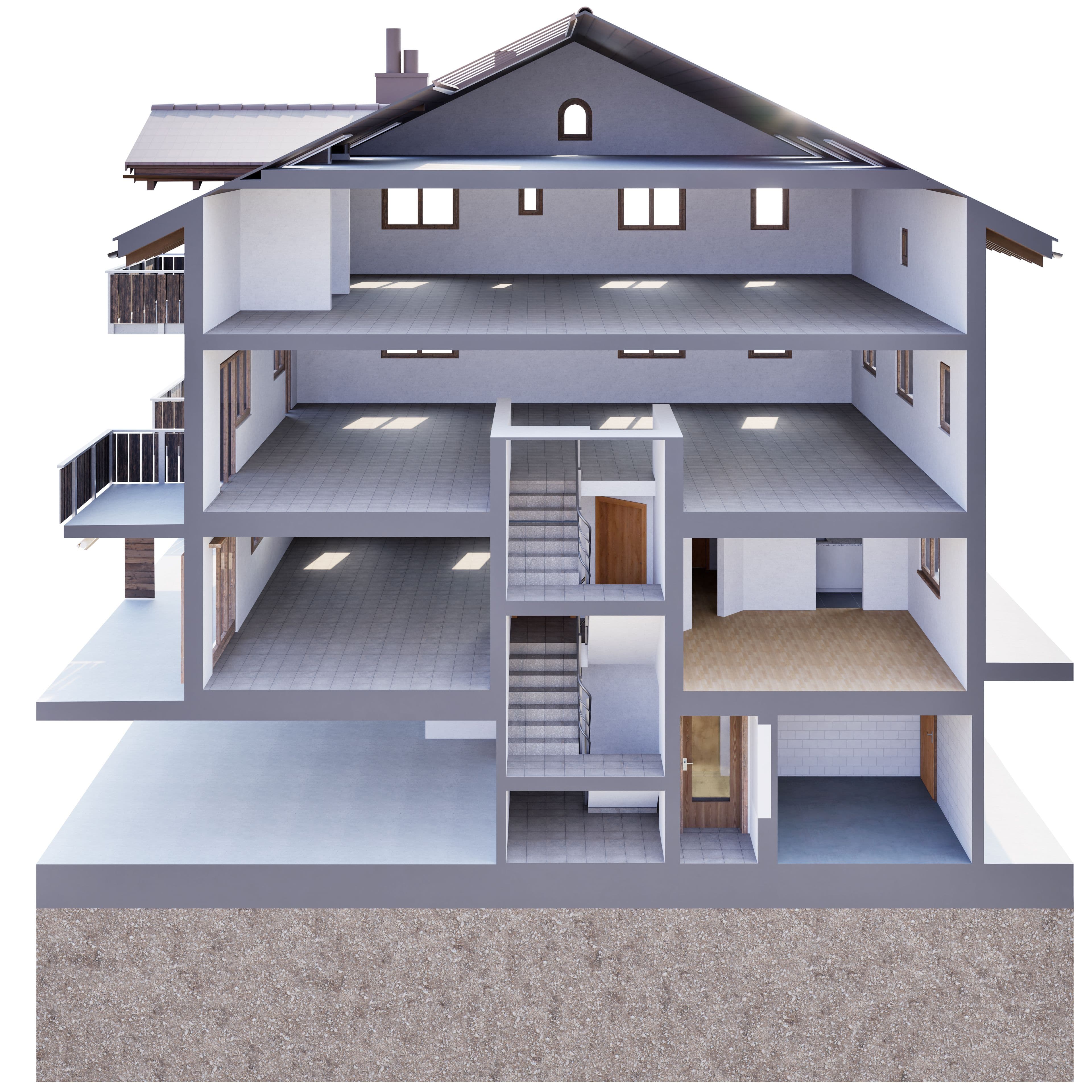 Querschnitt eines mehrstöckigen Hauses mit Keller, Treppenhaus, Balkonen und Dachbodenansicht.