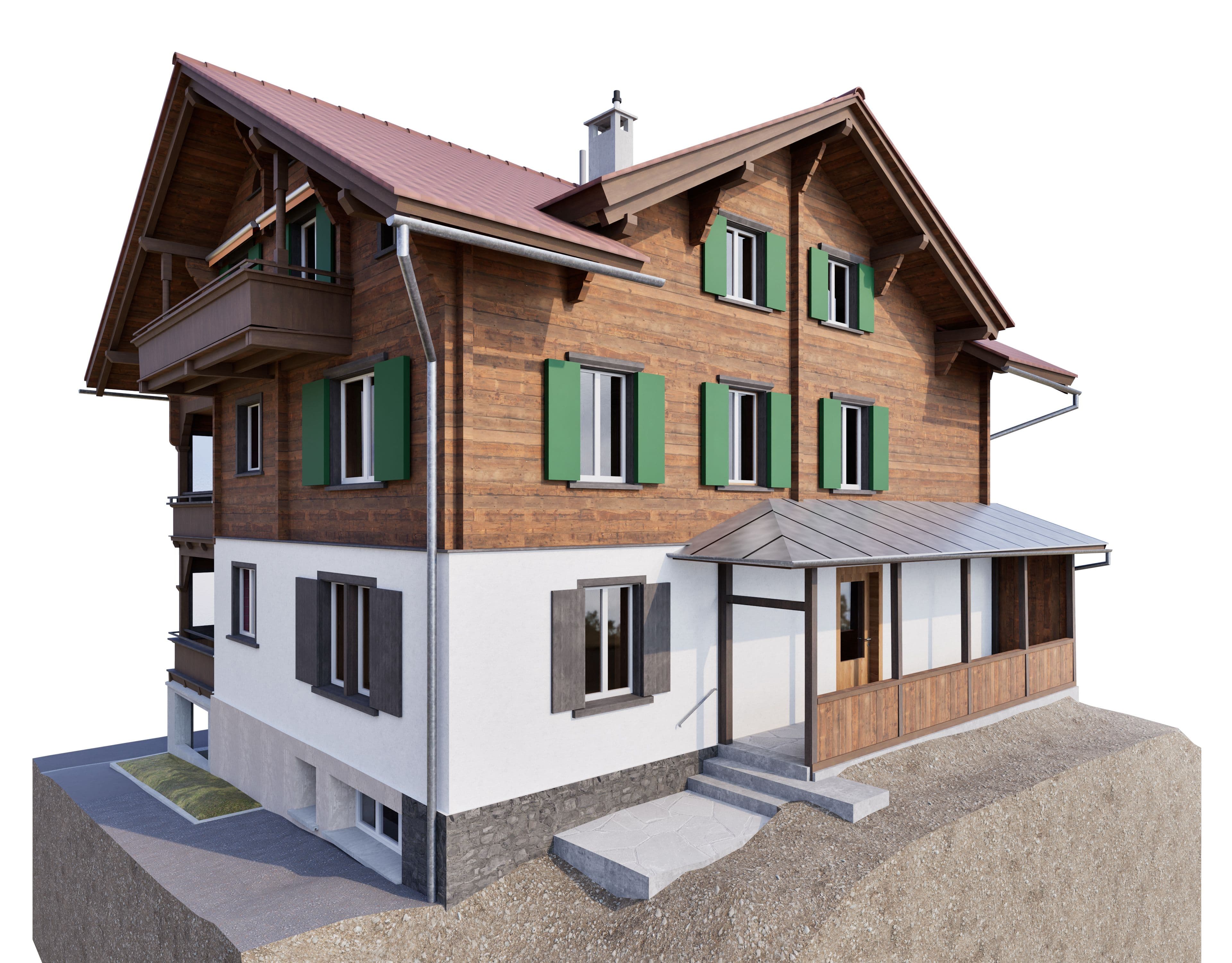 3D-Bestandesmodell eines Wohnhauses in Klosters, erstellt aus Punktwolkendaten als Grundlage für den Umbau im Bestand