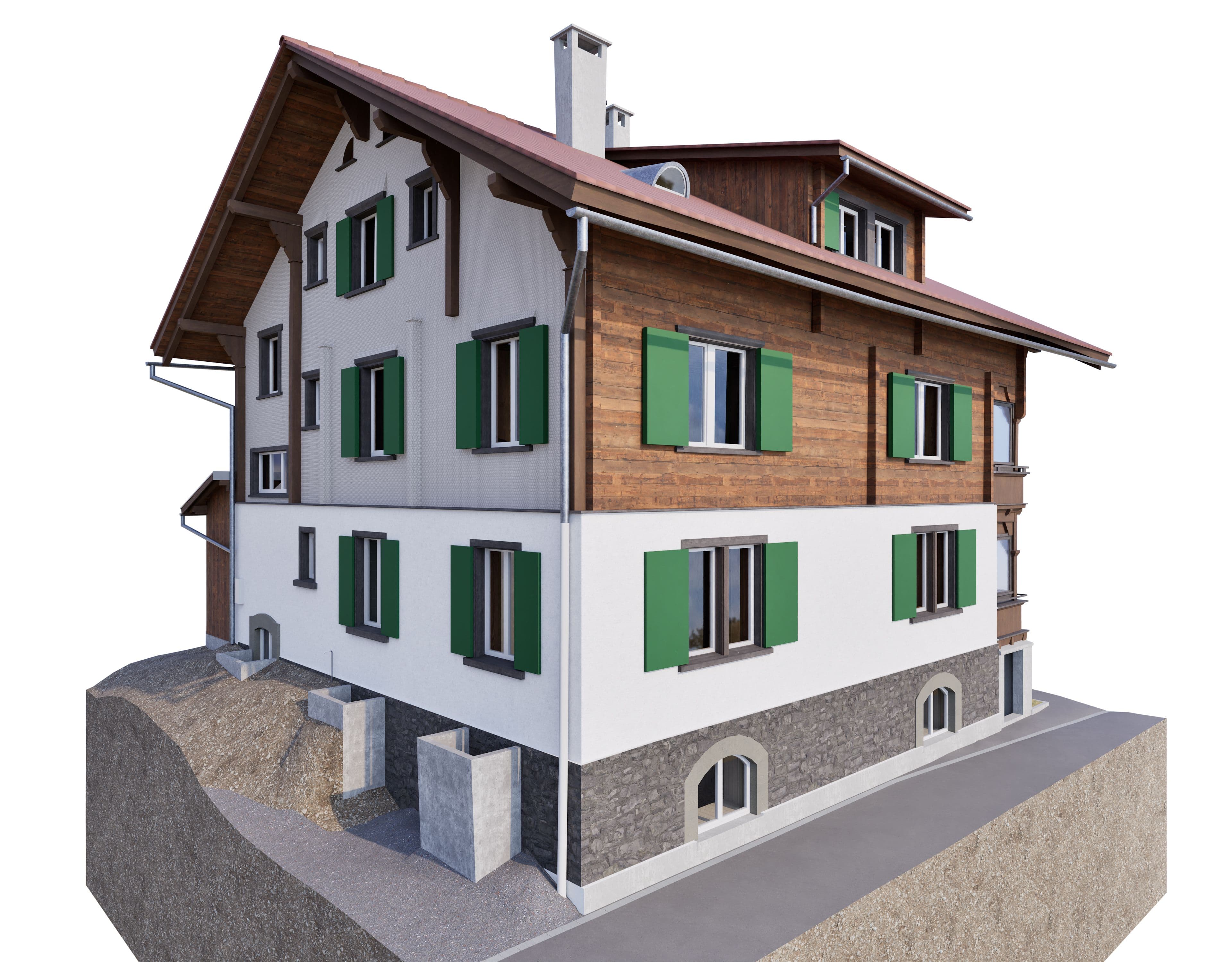 3D-Bestandesmodell eines Wohnhauses in Klosters, erstellt aus Punktwolkendaten als Grundlage für den Umbau im Bestand