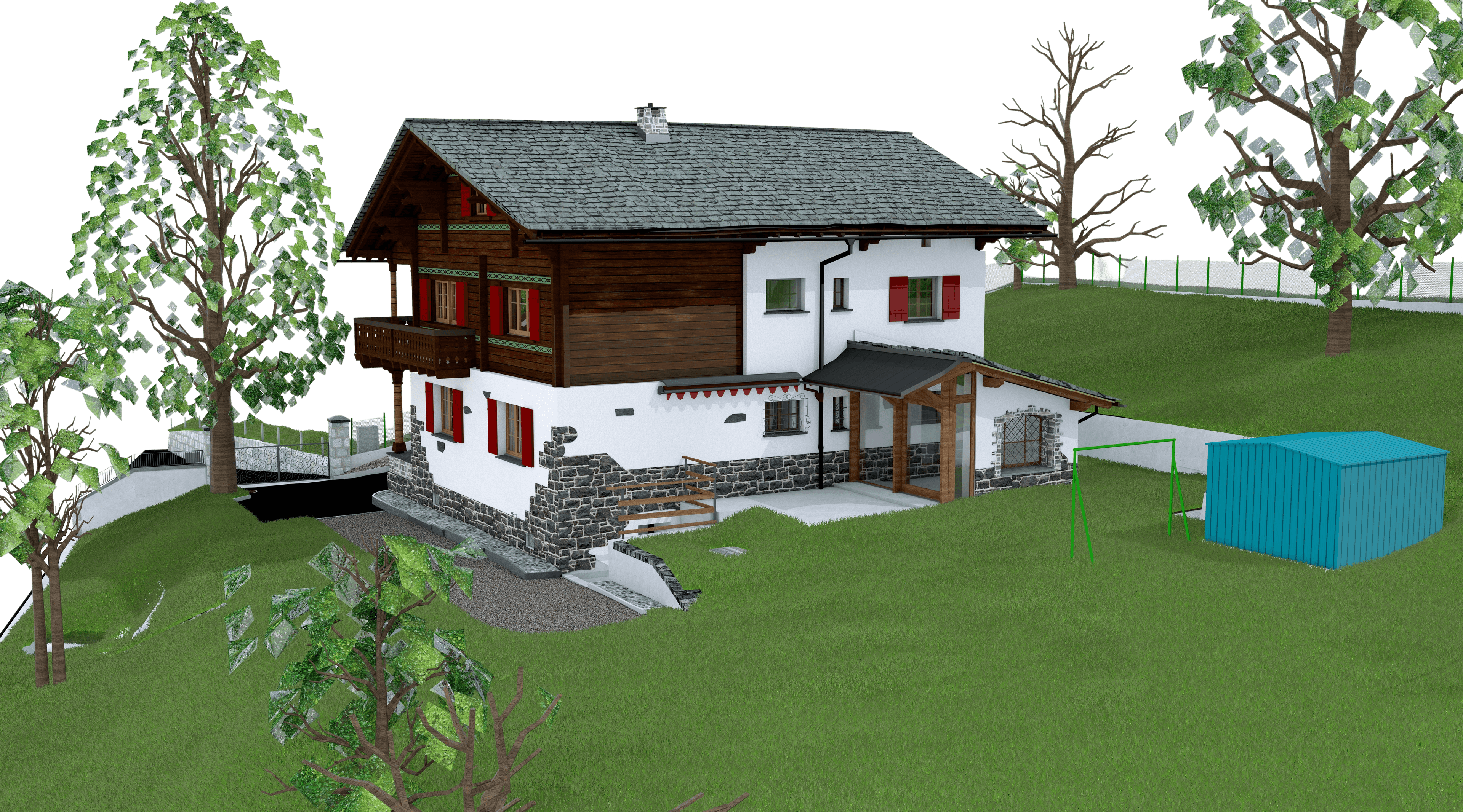Alpenhaus mit Holzbalkon, umgeben von Wiese und Bäumen, daneben eine blaue Hütte.