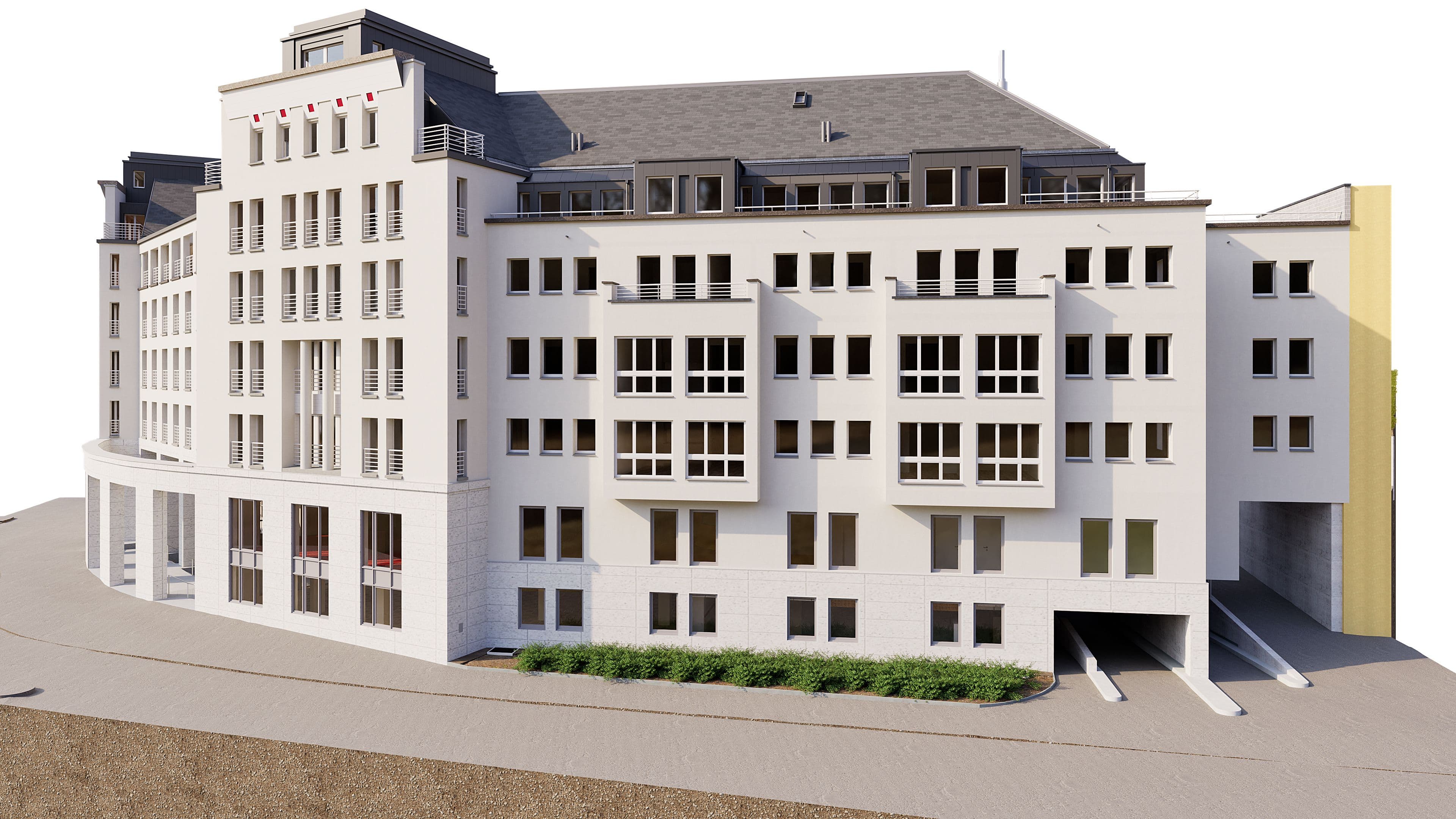 Modernes, mehrstöckiges Wohn- und Bürogebäude mit heller Fassade und großen Fenstern.