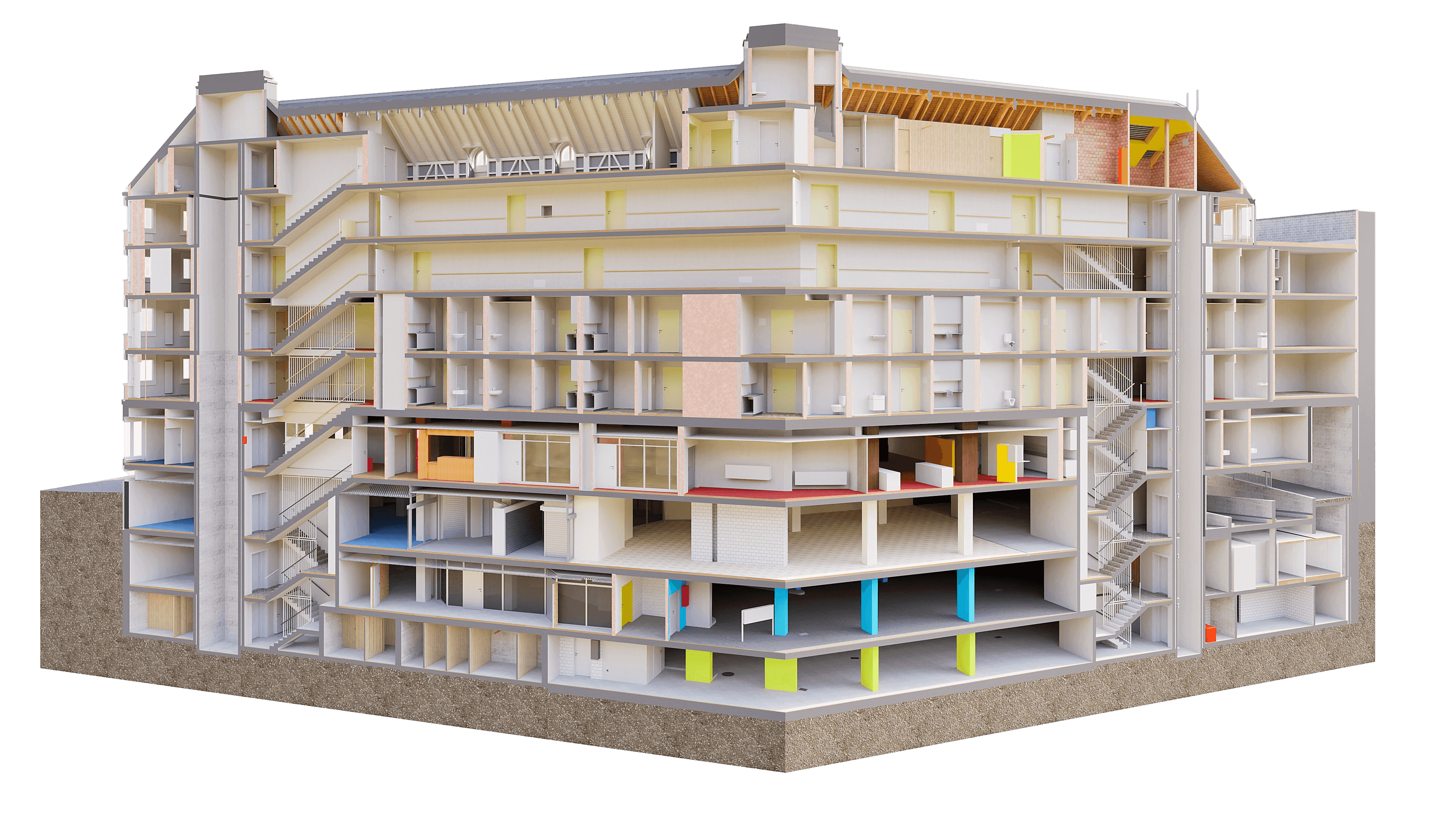 Gebäudeschnitt einer mehrstöckigen Struktur mit sichtbaren Etagen und Details der Innenarchitektur.
