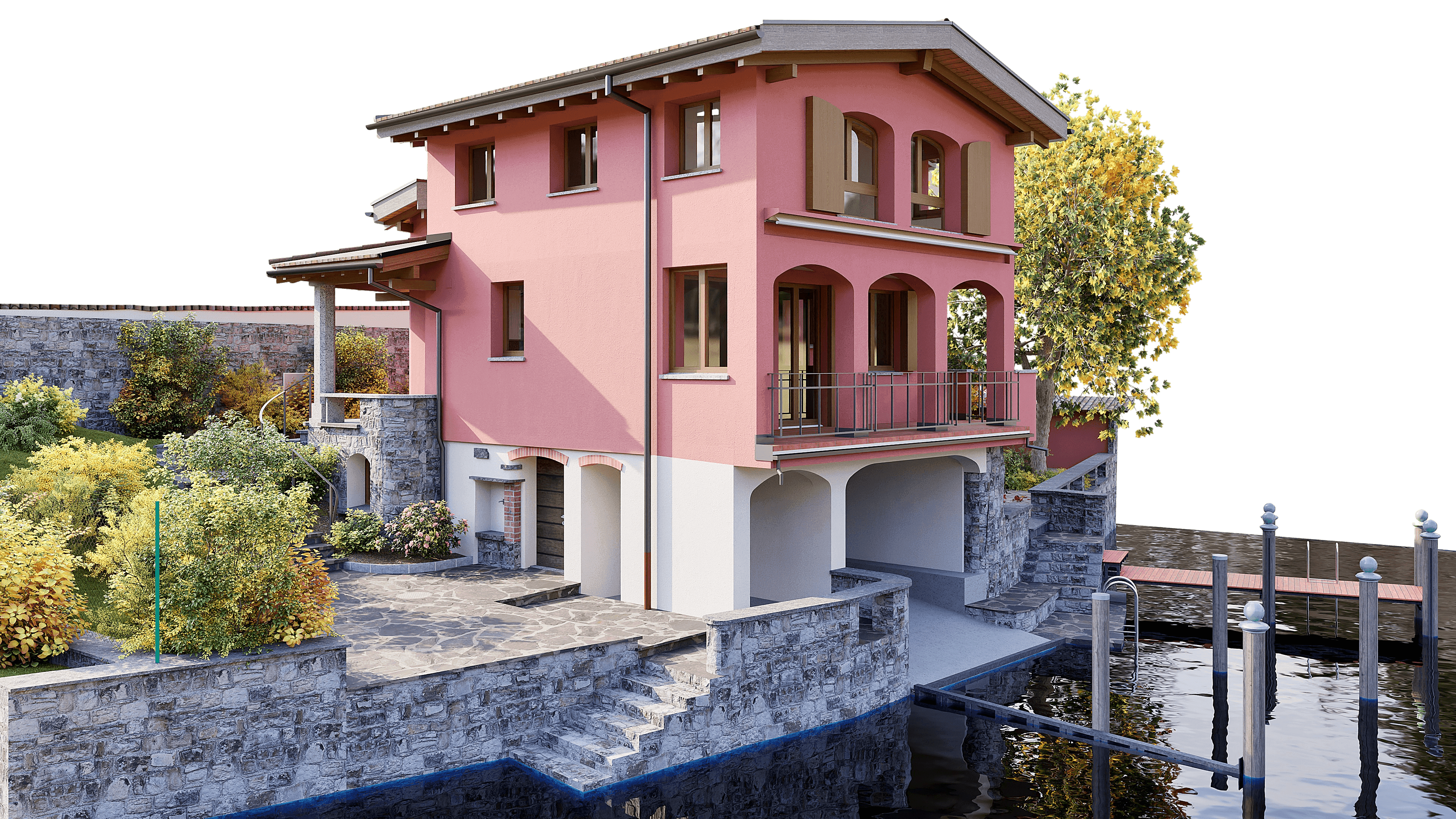 Eine rosa Villa mit Veranda am Wasser, umgeben von Bäumen und Steinmauern.