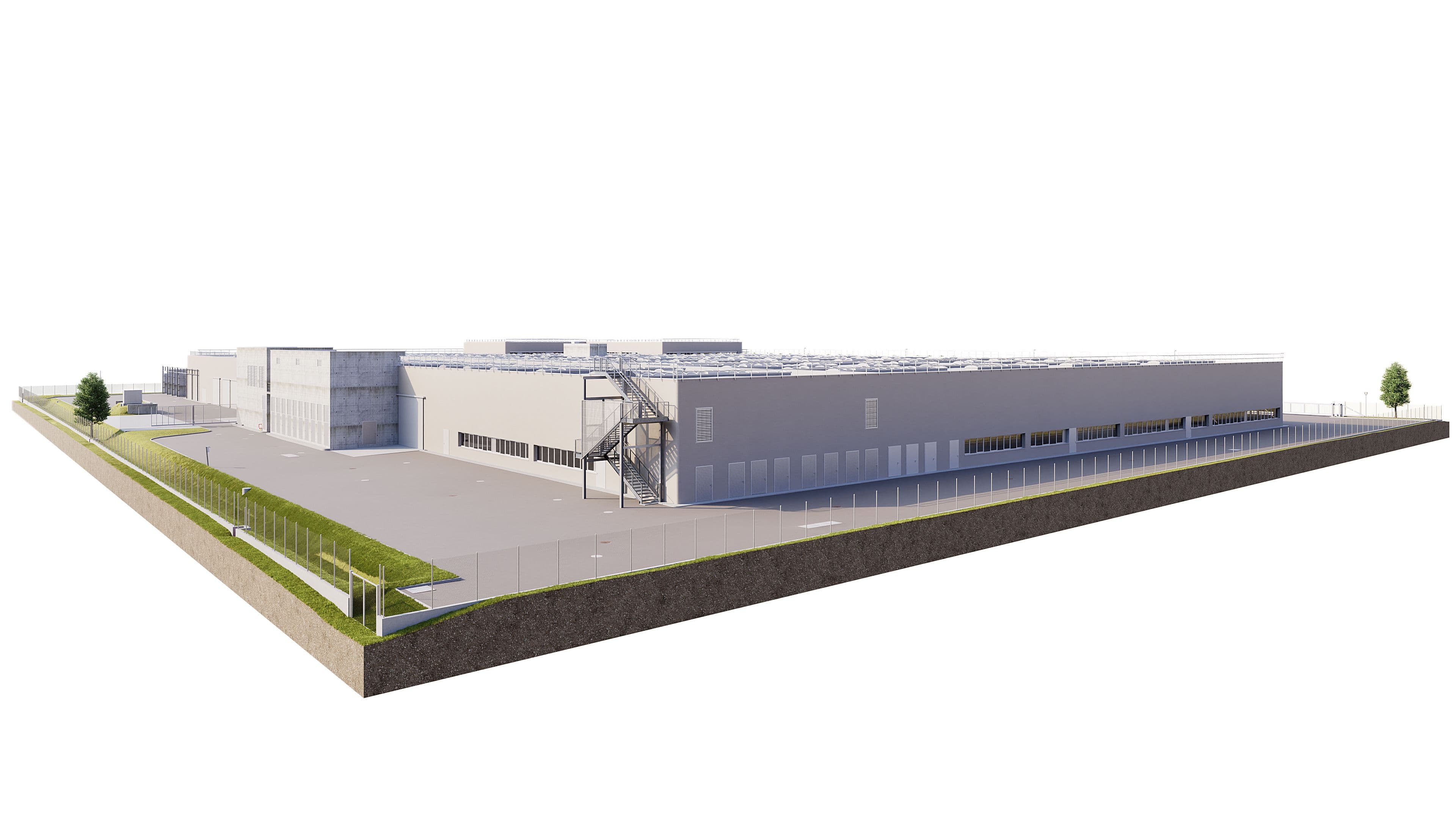 Eine moderne Lagerhalle mit grauer Fassade, umgeben von einem Zaun und Grünflächen.