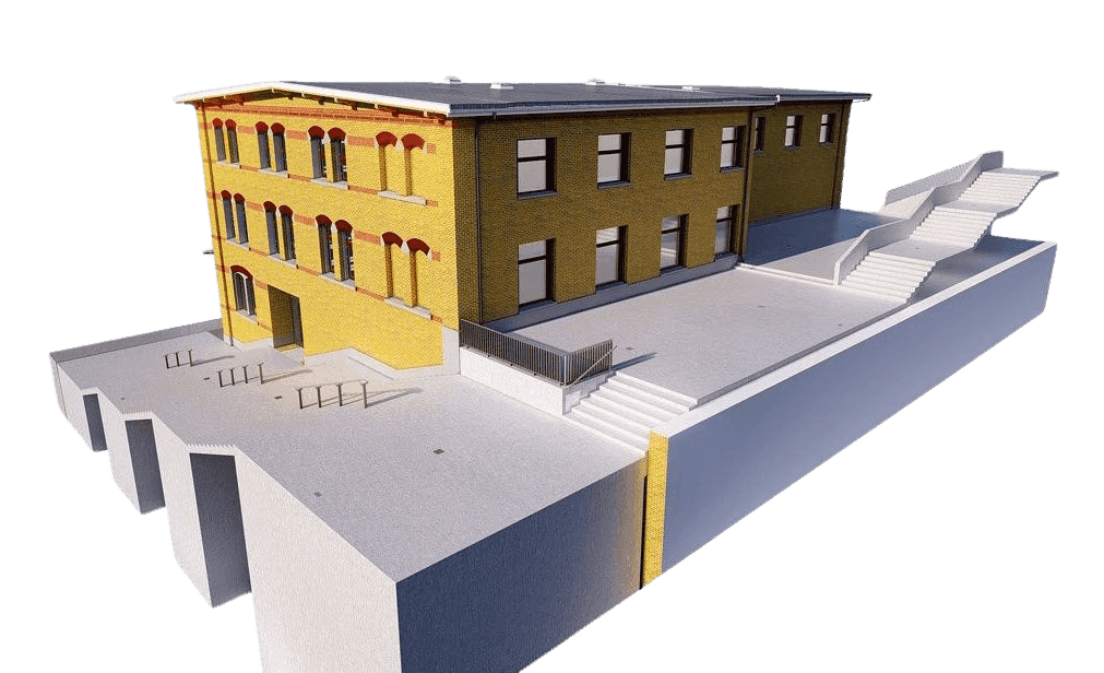 Ein digitales 3D-Modell eines zweistöckigen Ziegelgebäudes mit Treppen und Rampen, modernes Design.