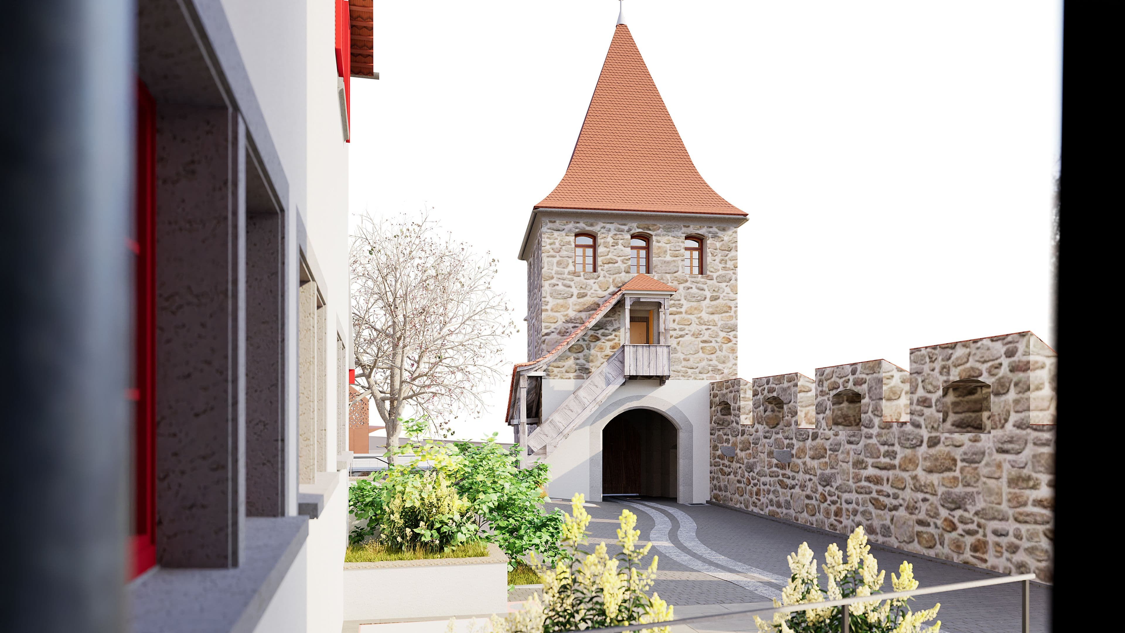Steinerner Torturm mit rotem Spitzdach und Bogenportal, umgeben von Stadtmauer; gepflasterter Weg mit Pflanzenbeeten und modernem Gebäude links bei Tageslicht.