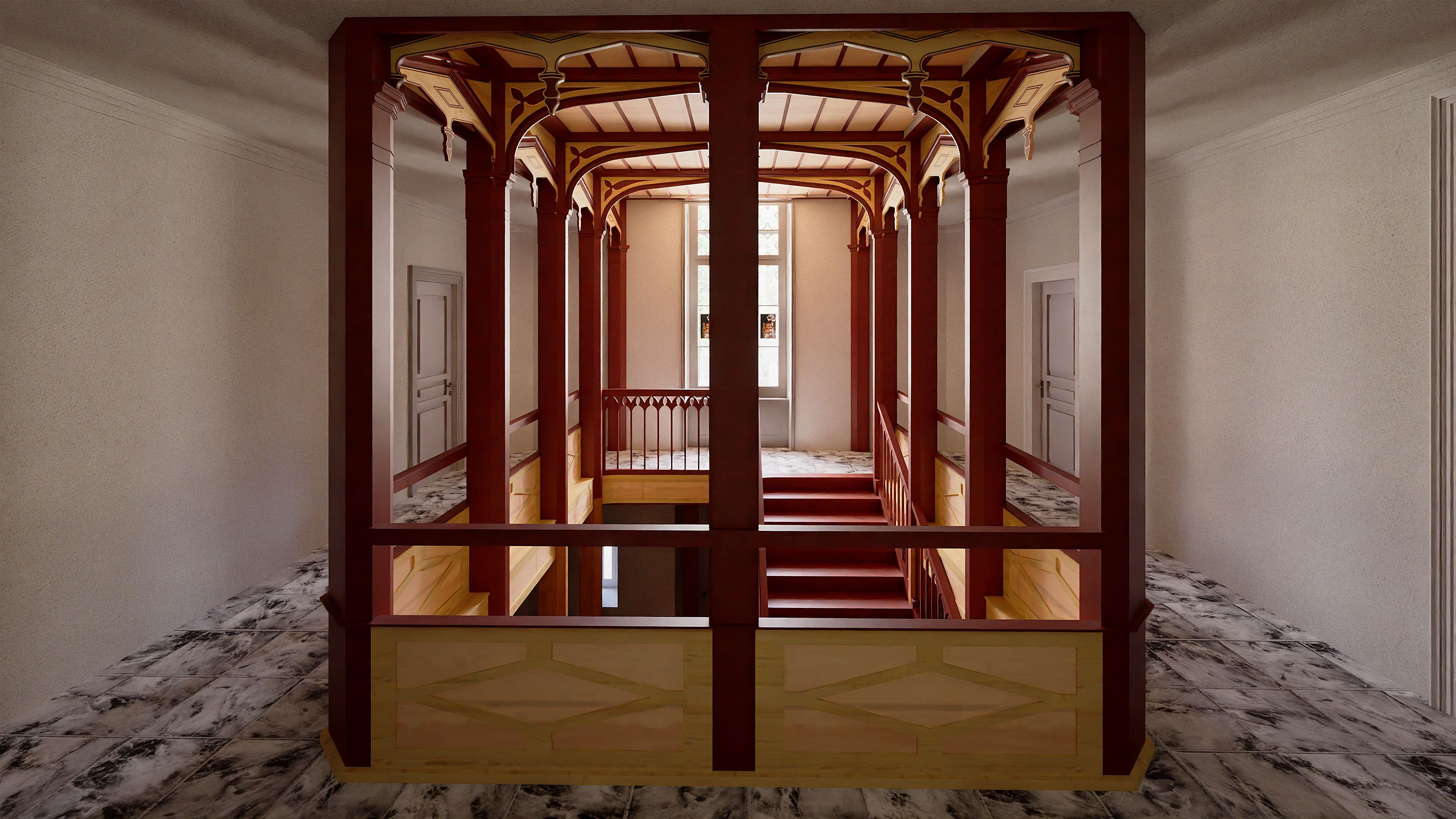Blick durch verglaste Holzstruktur in ein historisches Treppenhaus mit Jugendstil-Details, warmem Licht, Geländern und Marmorboden, Innenarchitektur in einem Altbau.