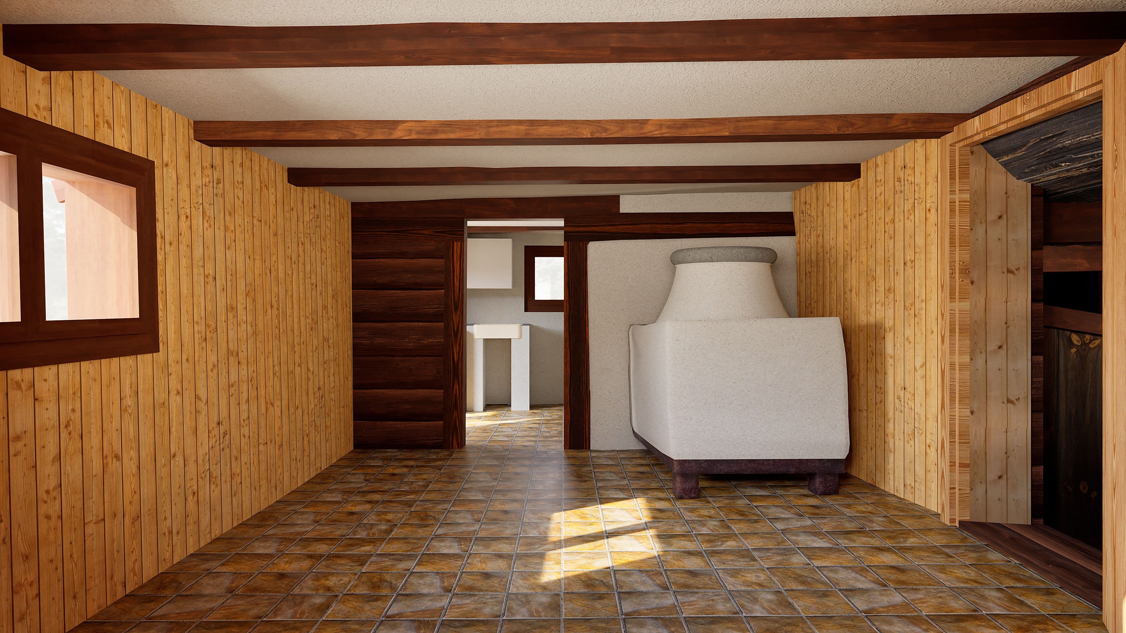 3D-Rendering eines rustikalen Innenraums mit Holzvertäfelung, sichtbaren Deckenbalken, Fliesenboden und einem weißen Sofa; Türöffnung zu einem kleinen Nebenraum, Fenster links mit Lichteinfall.