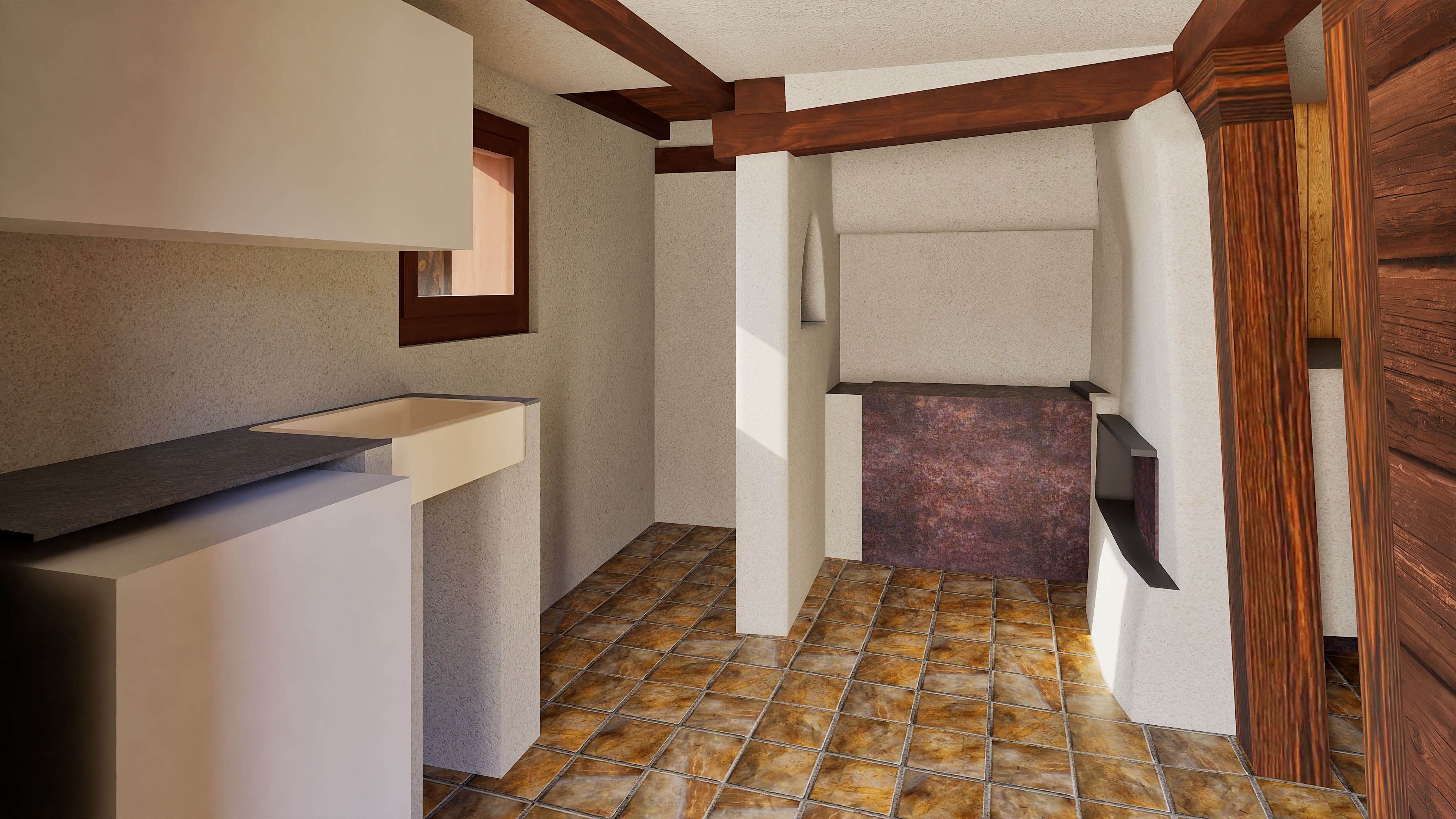 3D-Visualisierung einer kleinen rustikalen Küche mit Fliesenboden, Holzbalken an der Decke, Fenster, Arbeitsplatte und Schränken sowie Kamin/Nische an der Stirnwand.