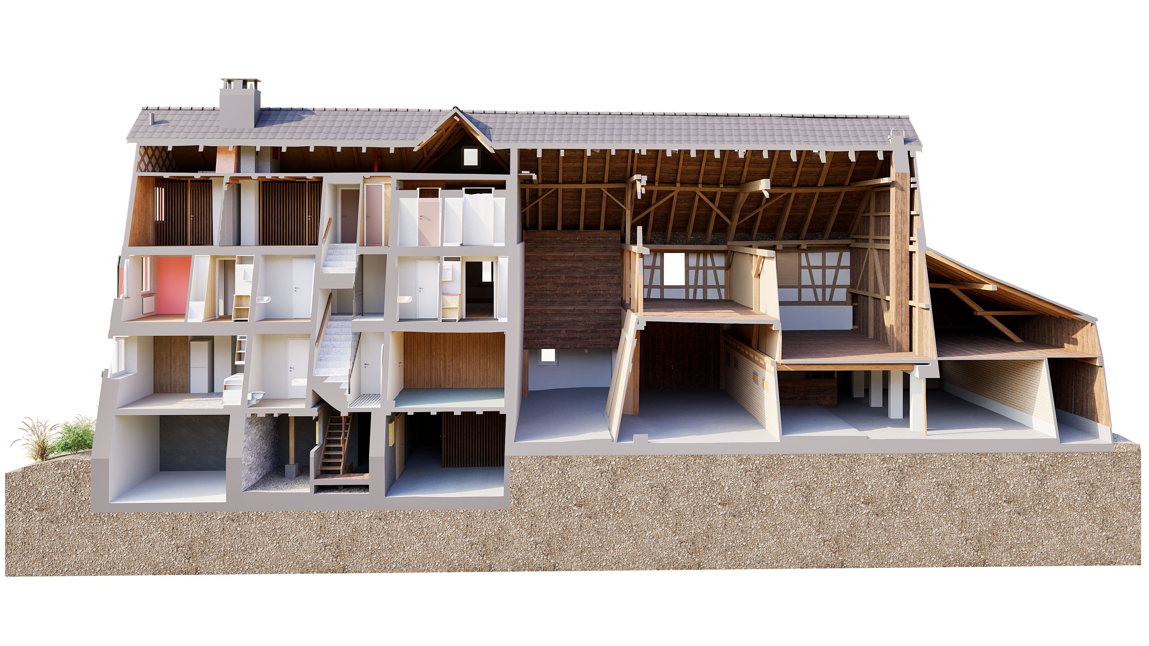 Verformte Struktur in einem Holzbau sichtbar im 3D-Modell