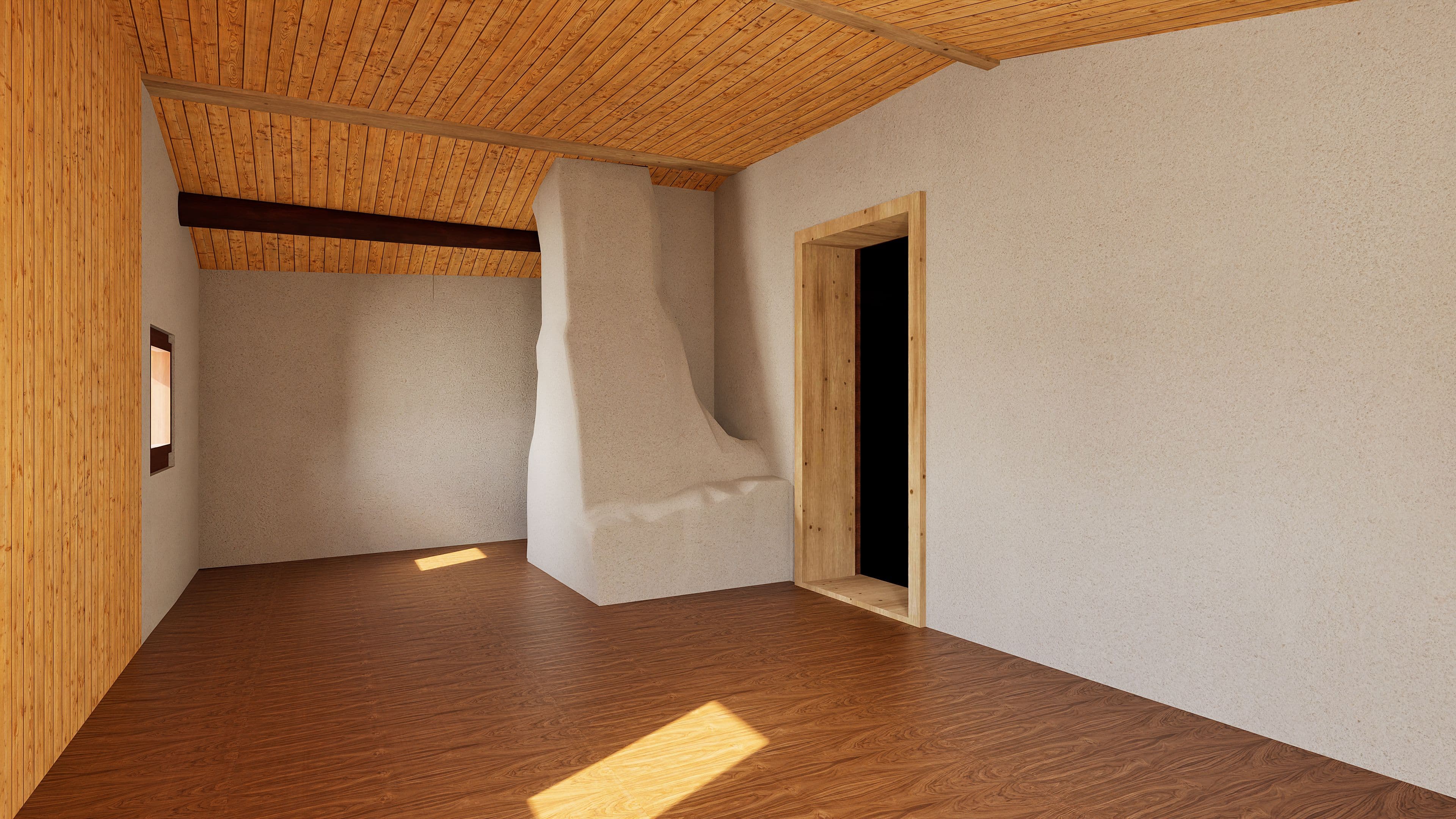3D-Visualisierung eines leeren Raums mit Holzboden und Holzdecke, weiß verputzten Wänden, gemauertem Kamin/Ofen und offener Holztür; Sonnenlicht fällt durch ein Fenster.