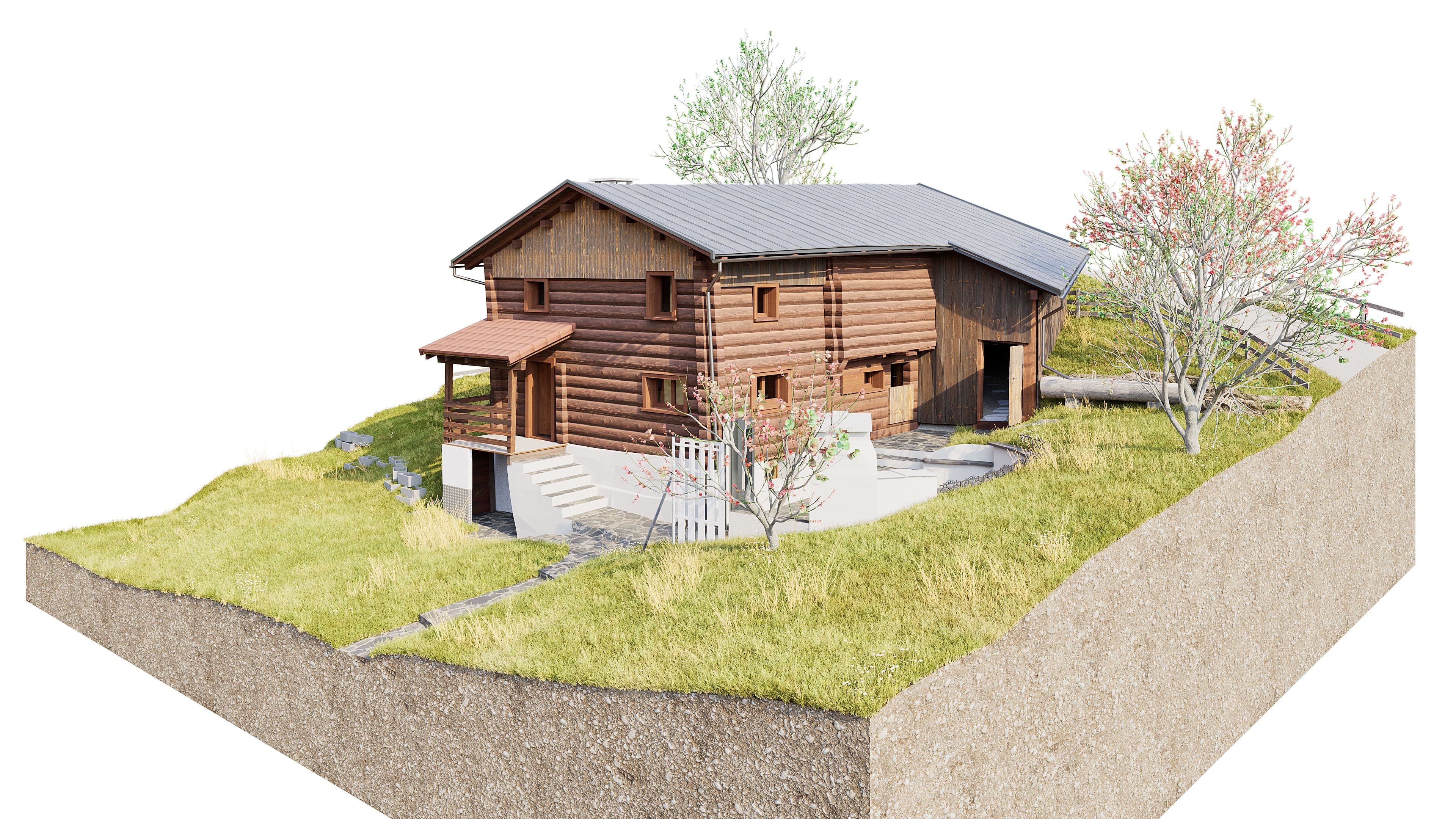 3D-Architekturvisualisierung eines rustikalen Holzhauses mit Satteldach auf grasbewachsenem Grundstück, mit Bäumen, Treppe und Terrasse, als Schnittmodell auf weißem Hintergrund.