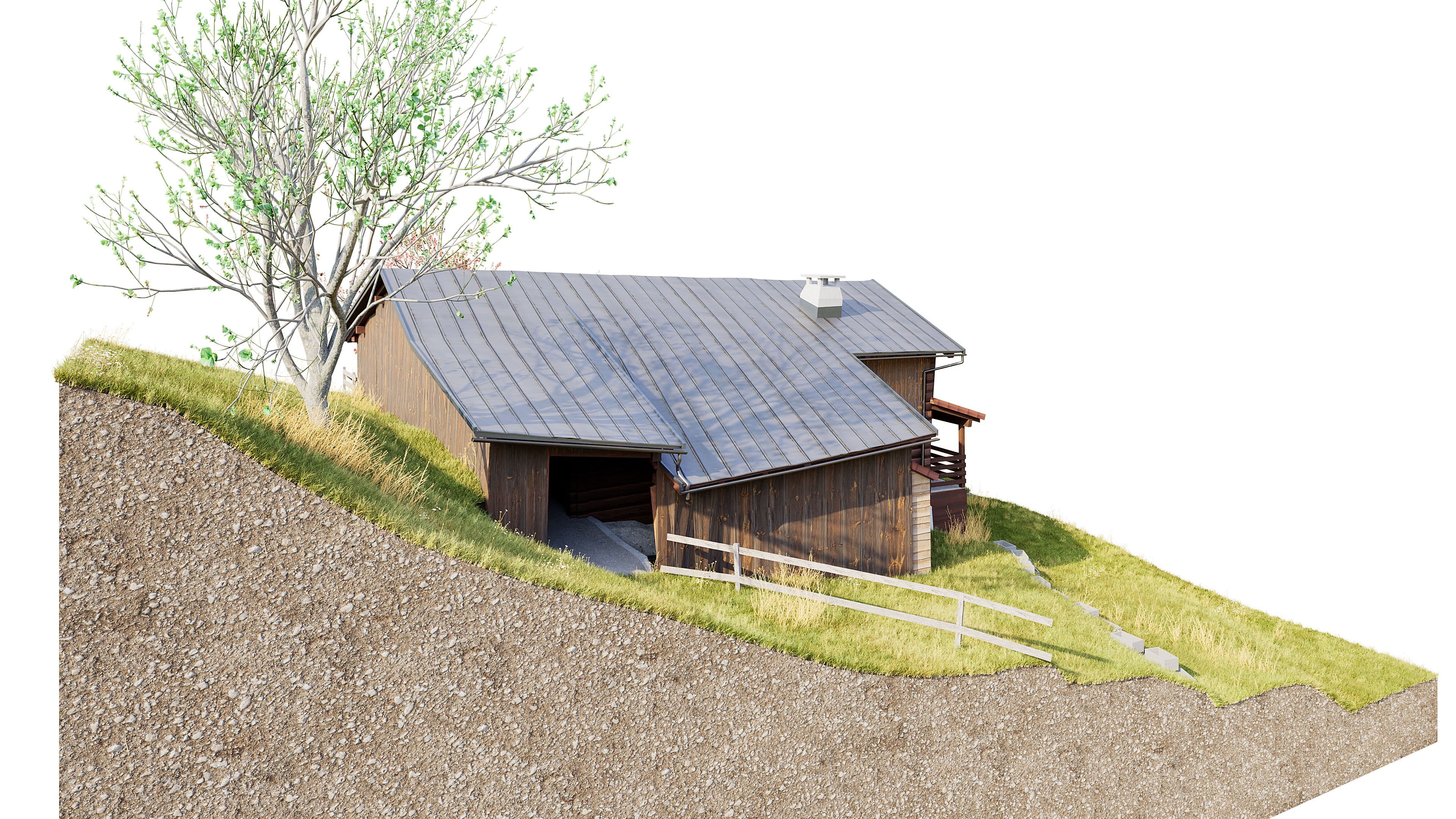 3D-Rendering einer Berghütte mit Holzfassade und Metalldach am Hang, mit Wiese, Baum und kleinem Zaun; Schnittdarstellung des Geländes auf weißem Hintergrund.