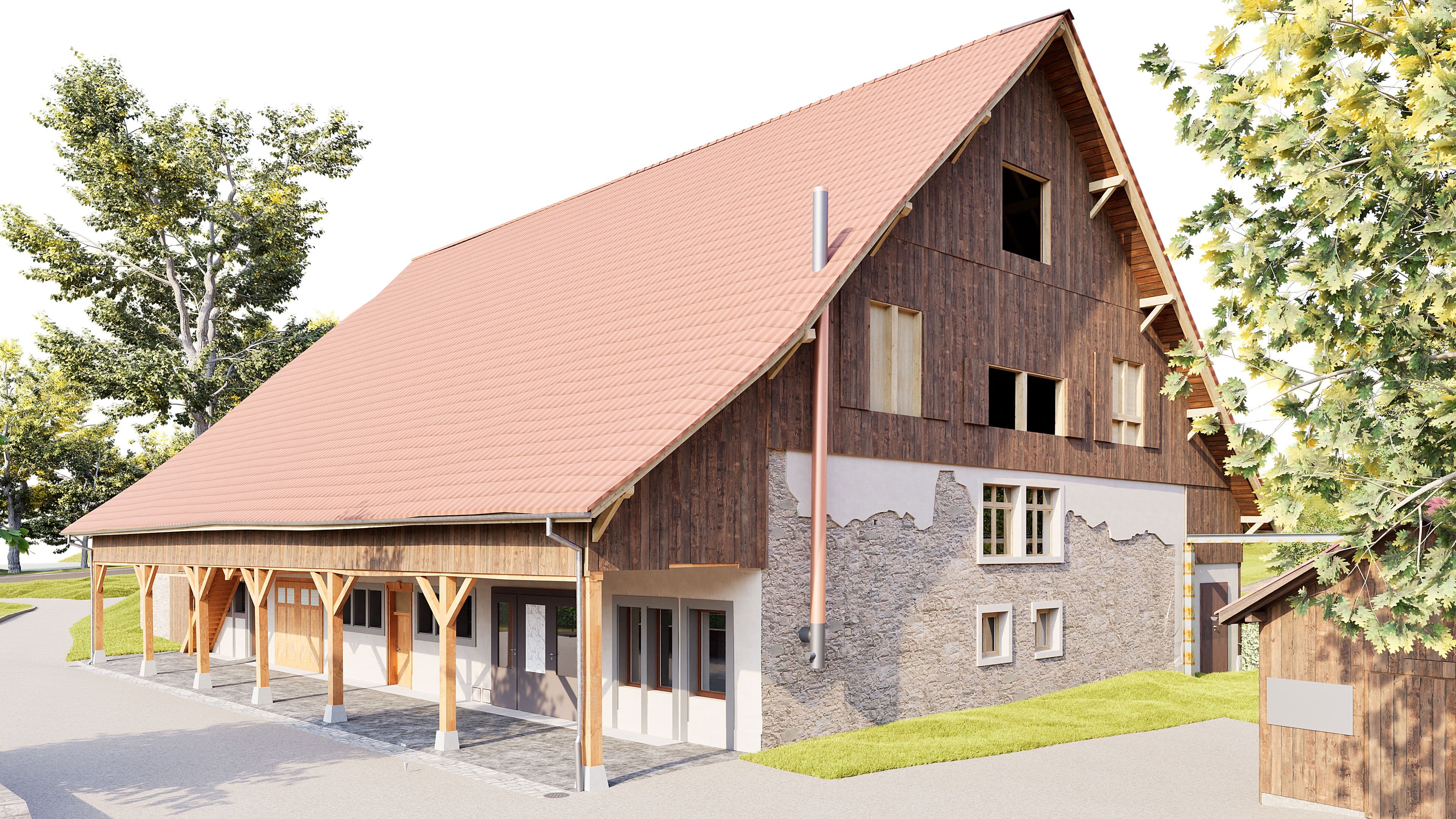 3D-Visualisierung eines sanierten Bauernhauses mit rotem Satteldach, Holzfassade und Steinmauer, überdachter Vorbau mit Stützen und mehreren Fenstern, umgeben von Grünflächen und Bäumen.