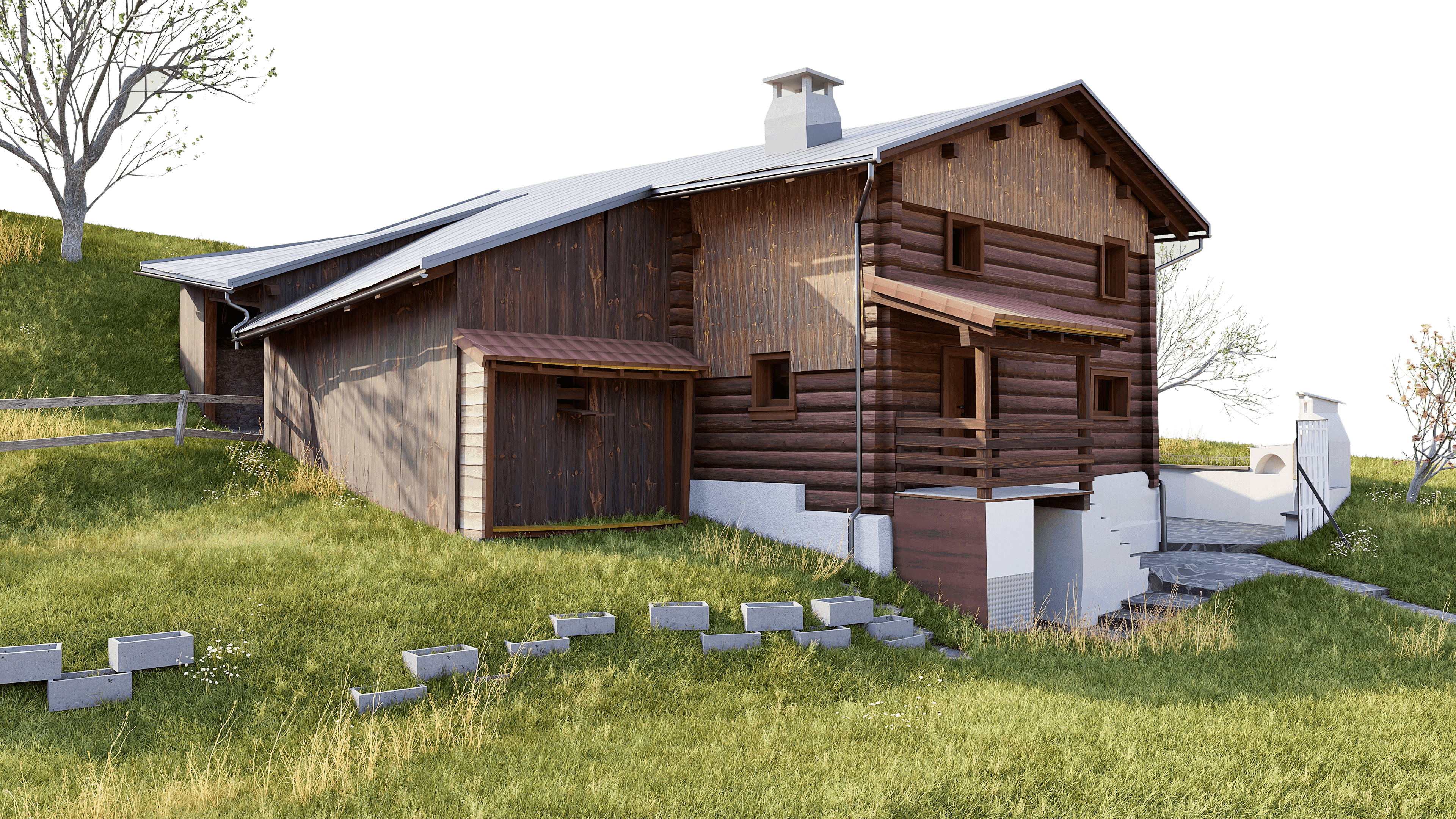 3D-Visualisierung eines rustikalen Holzhauses mit Satteldach auf einer grünen Wiese, mit Terrasse, Treppe und kleinen Steinplatten im Vordergrund, umgeben von Bäumen und Hügeln.