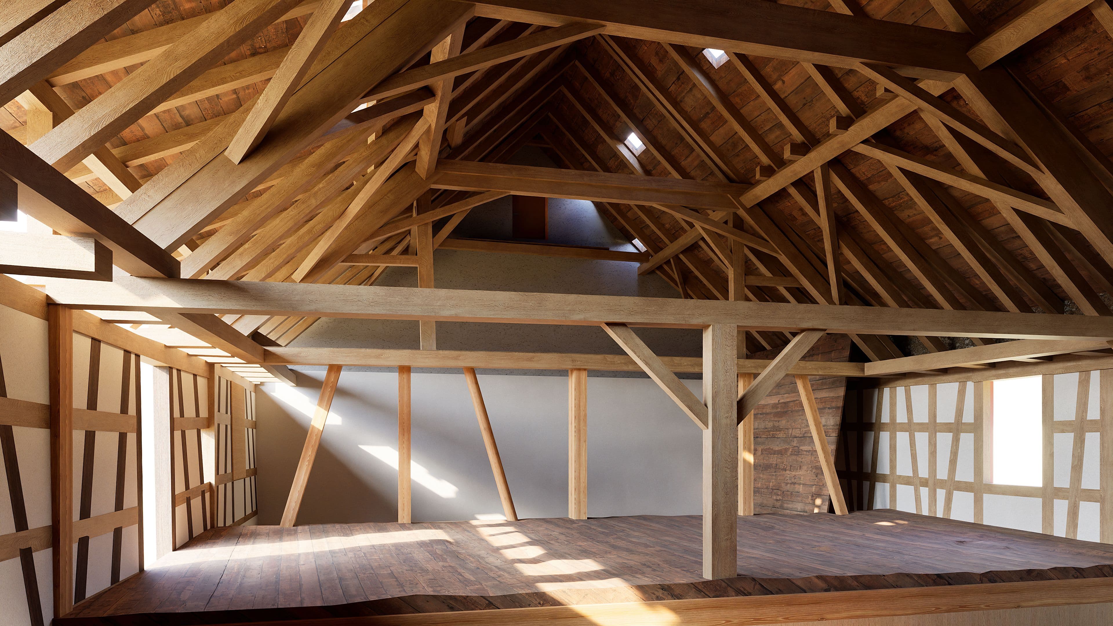 3D-Modell eines Fachwerk-Holzbaus basierend auf Laserscanning