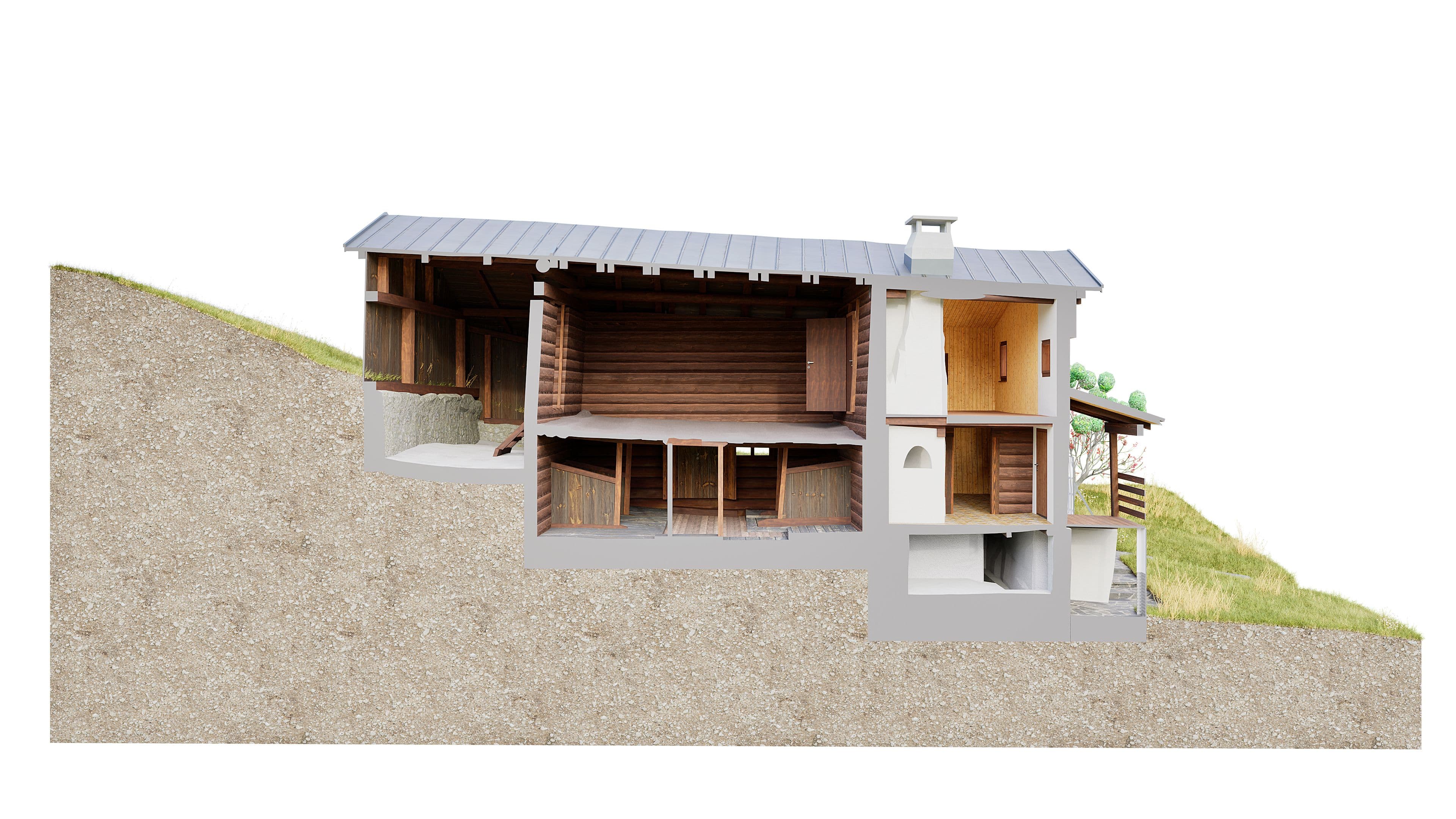 Architektonischer Schnitt durch ein Holzhaus am Hang mit Satteldach, sichtbaren Innenräumen, Fundament und Geländeprofil – 3D-Visualisierung einer Hangbebauung mit Keller und Wohnbereich.