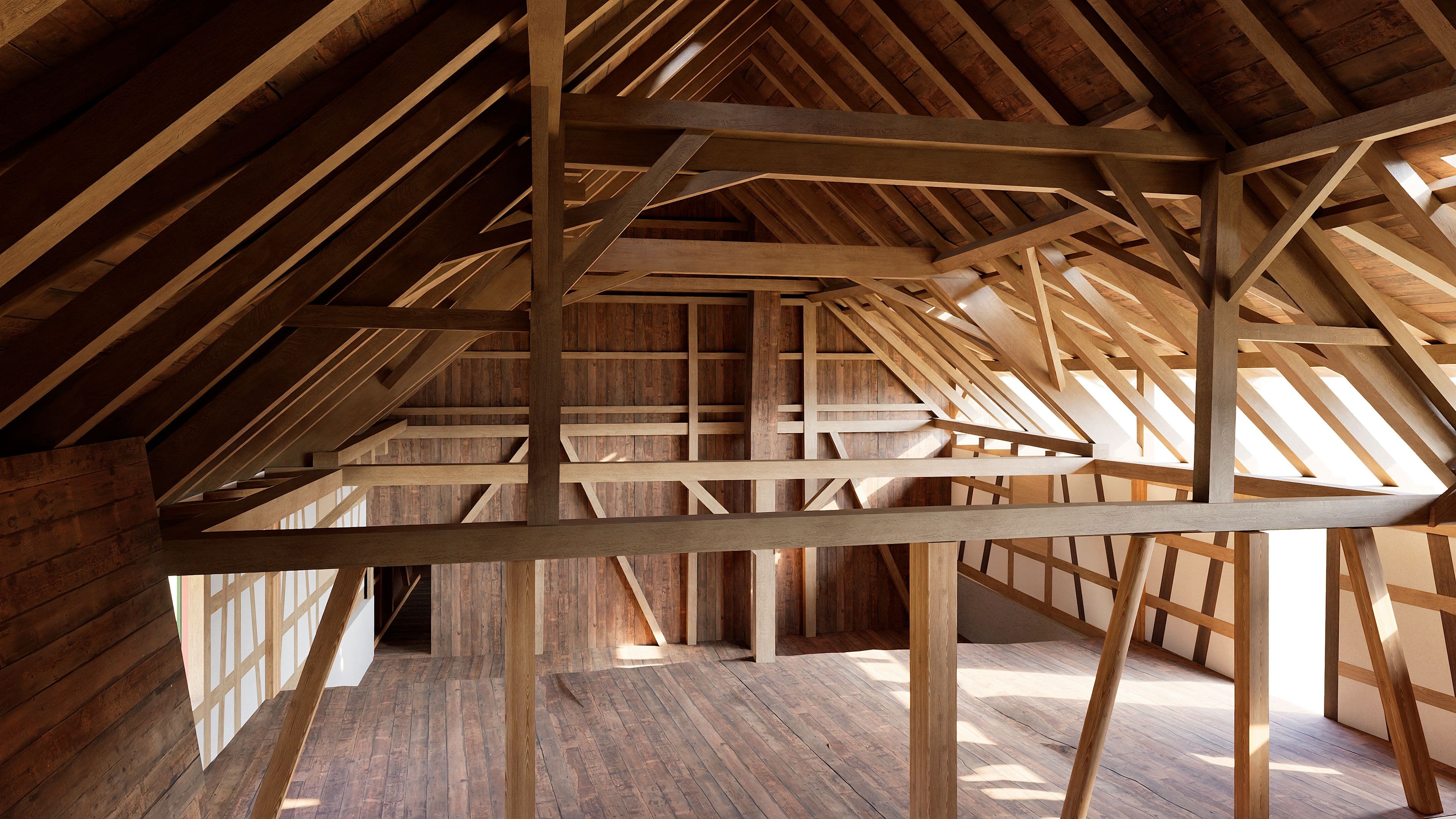 Detail eines Balkenanschlusses in einem Fachwerk-Holzbau