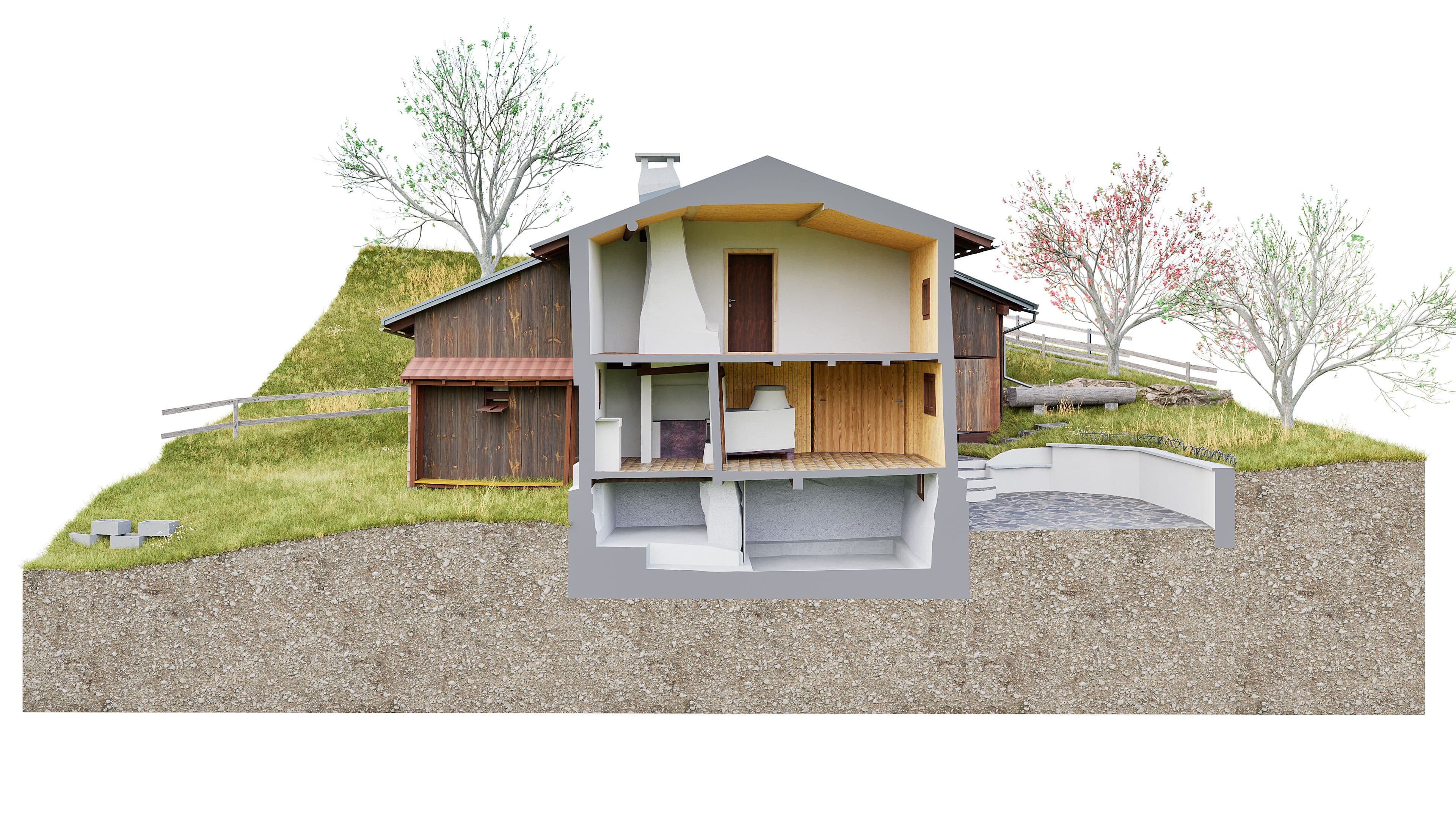 Architektur-Querschnitt eines modernen Holzhauses am Hang mit Satteldach, Innenräumen und Keller im Schnitt, umgeben von Bäumen und Grünfläche; Visualisierung des Gebäudekörpers und Geländes.