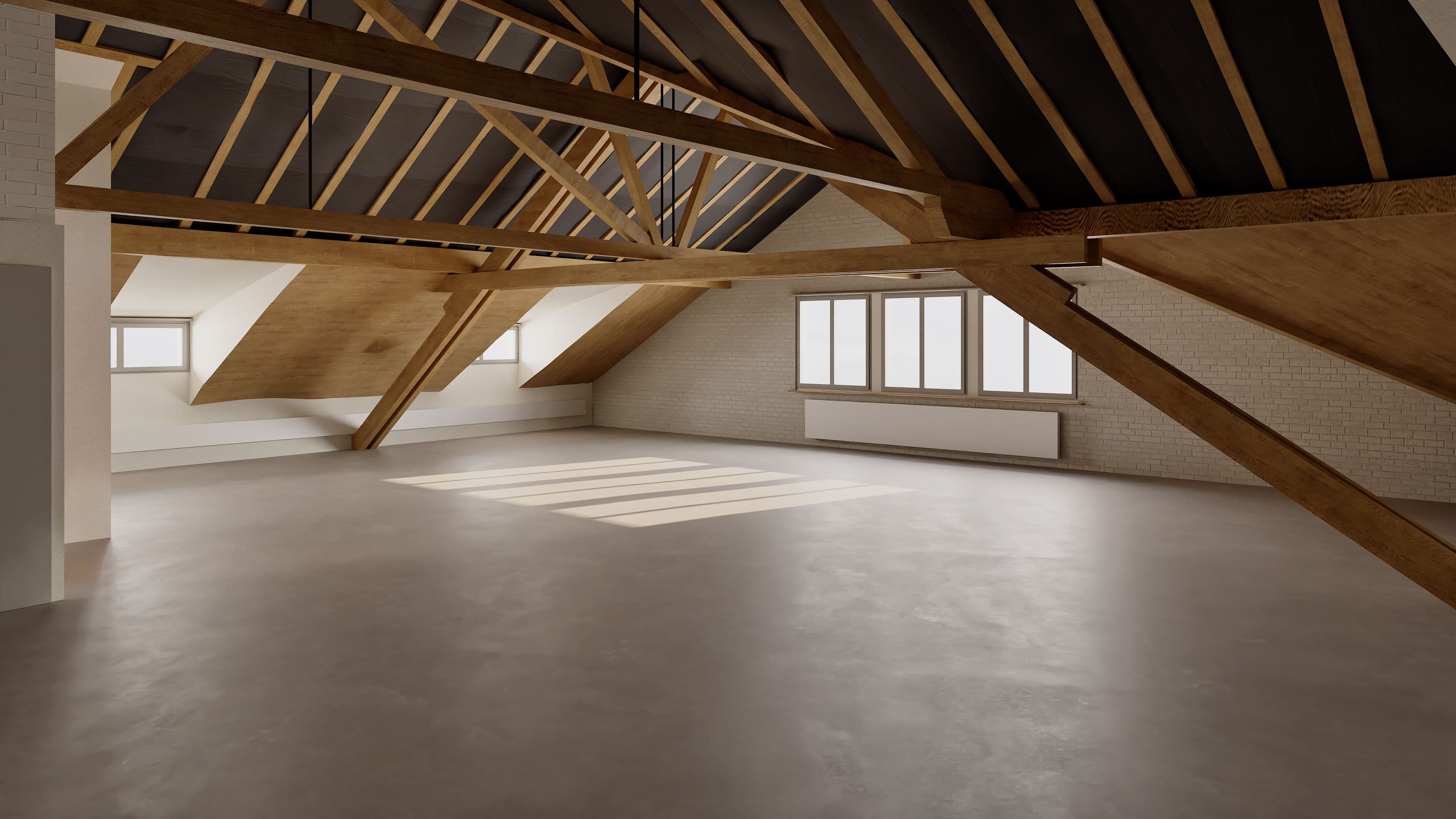 Dachgeschoss mit freigelegten Holzbalken, großen Fenstern und Betonboden, bietet viel Licht und Raum.