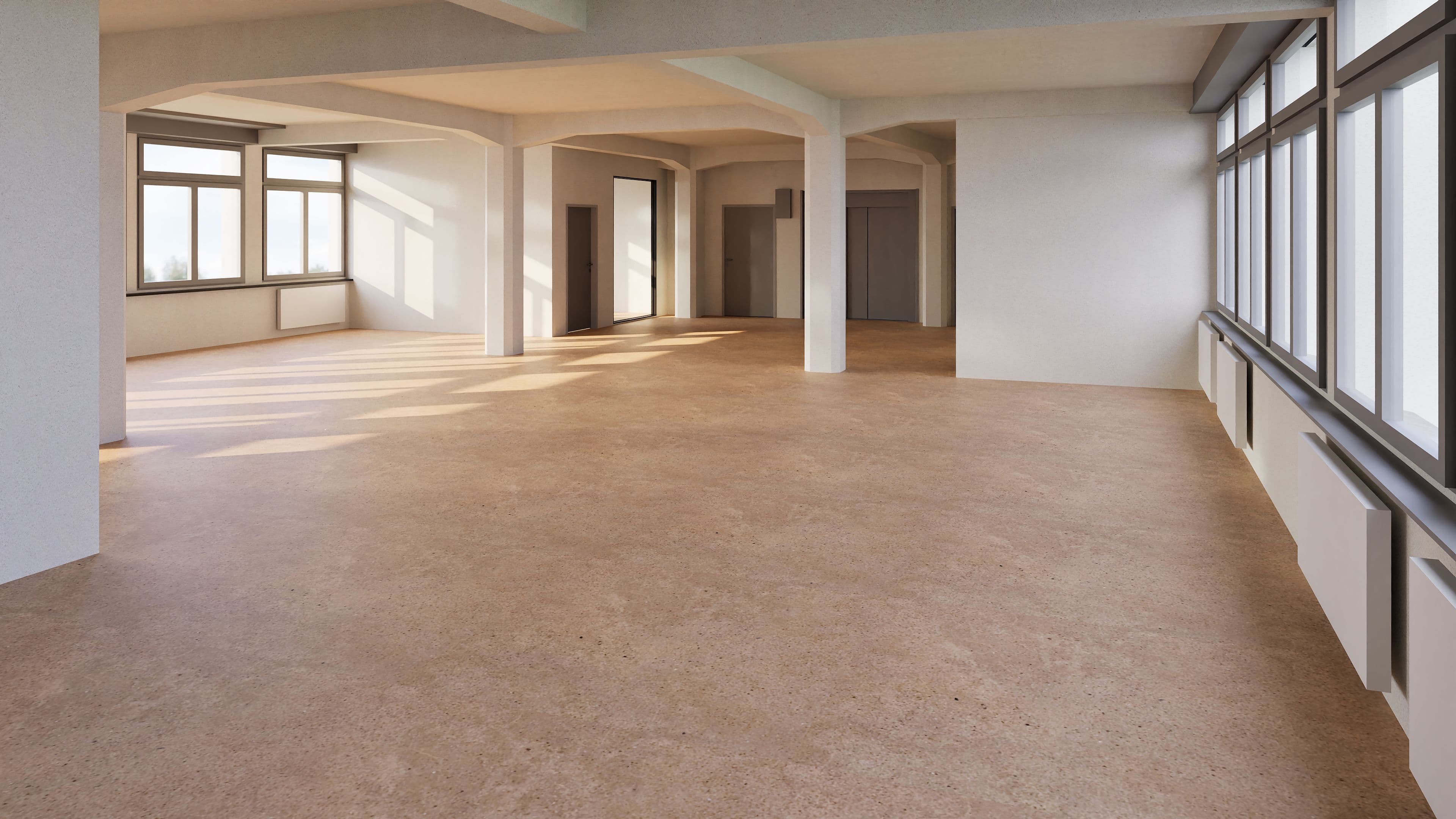 Großer leerer Raum mit großen Fenstern, heller Boden und viel Tageslicht. Ideal für Büro- oder Wohnzwecke.