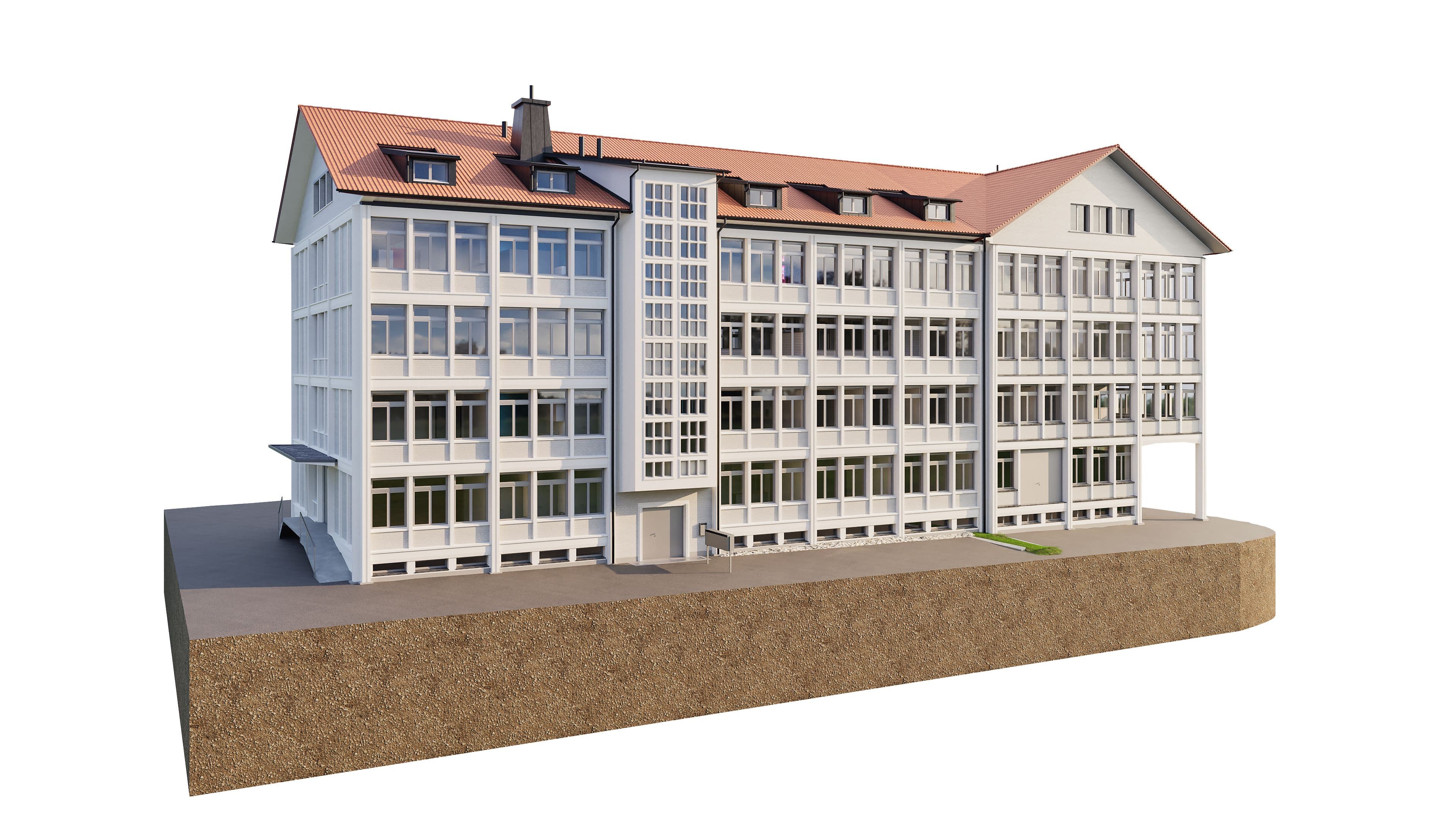 Historisches, modernisiertes Geschäftsgebäude mit fünf Stockwerken, großen Fenstern und rotem Satteldach.