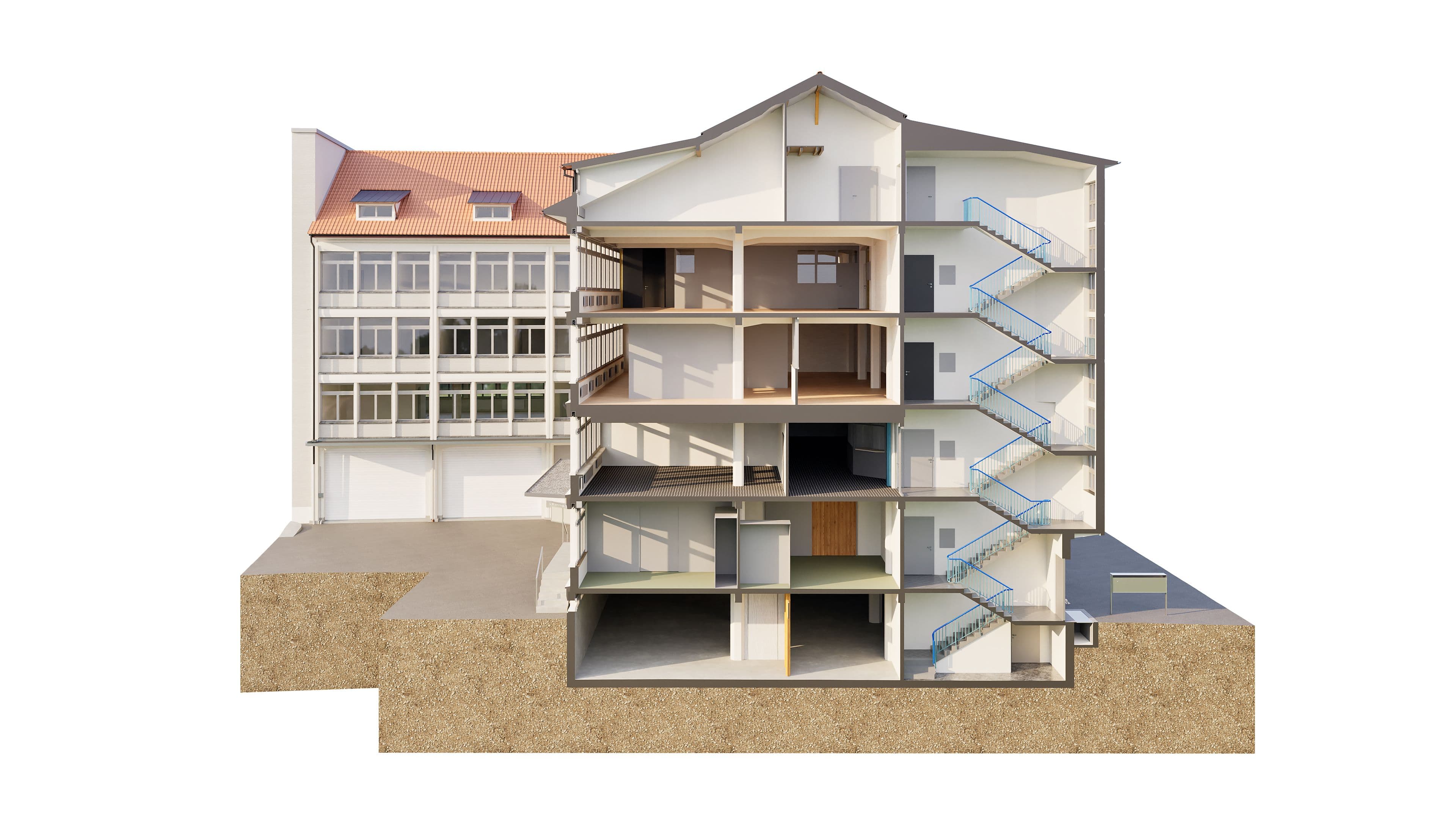Querschnitt eines vierstöckigen Gebäudes mit Treppenhaus und Innenraumansicht.