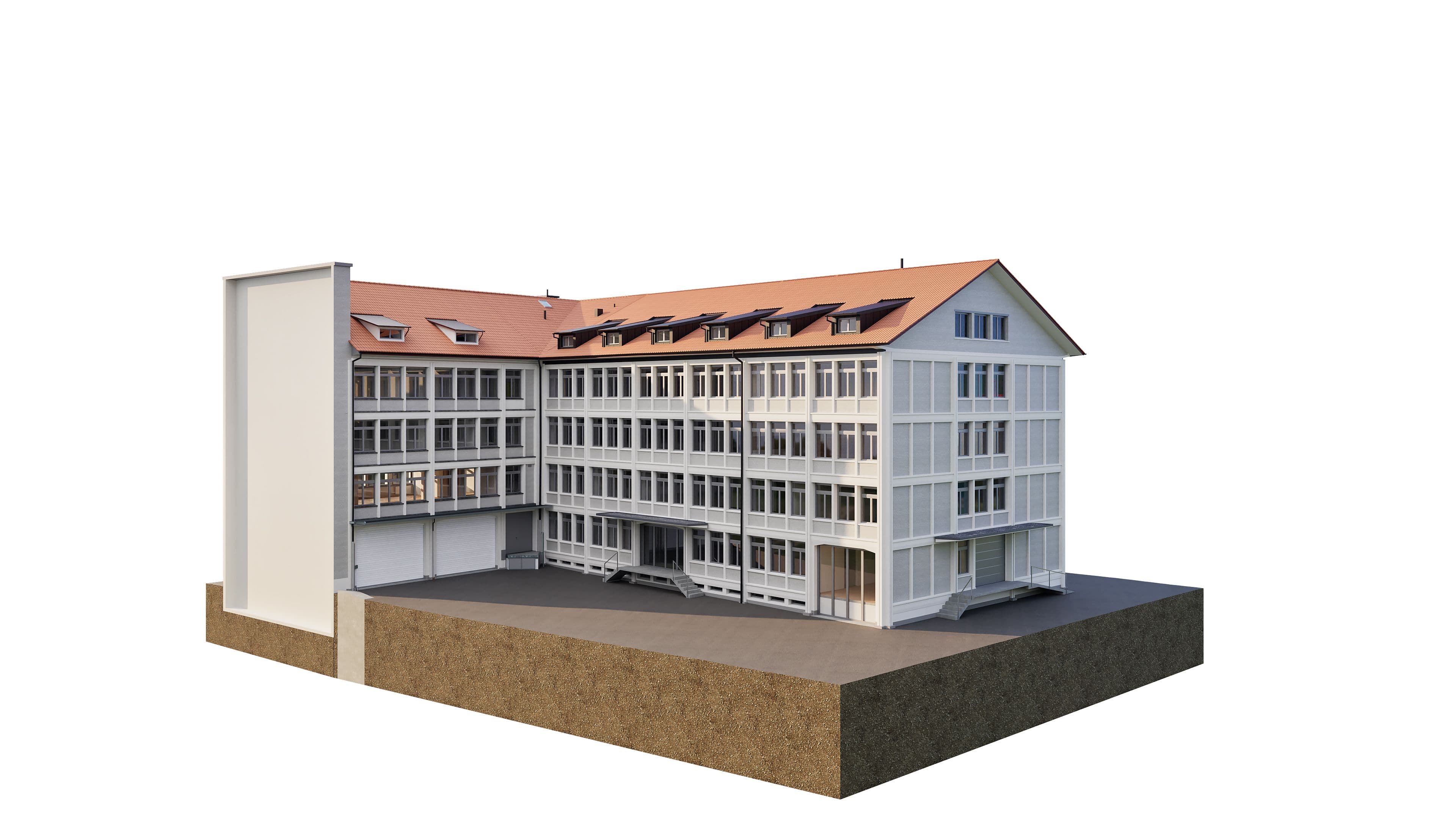 Mehrfamilienhaus-Modell mit Innenhof und Tiefgarage, Satteldach und großer Fensterfront.