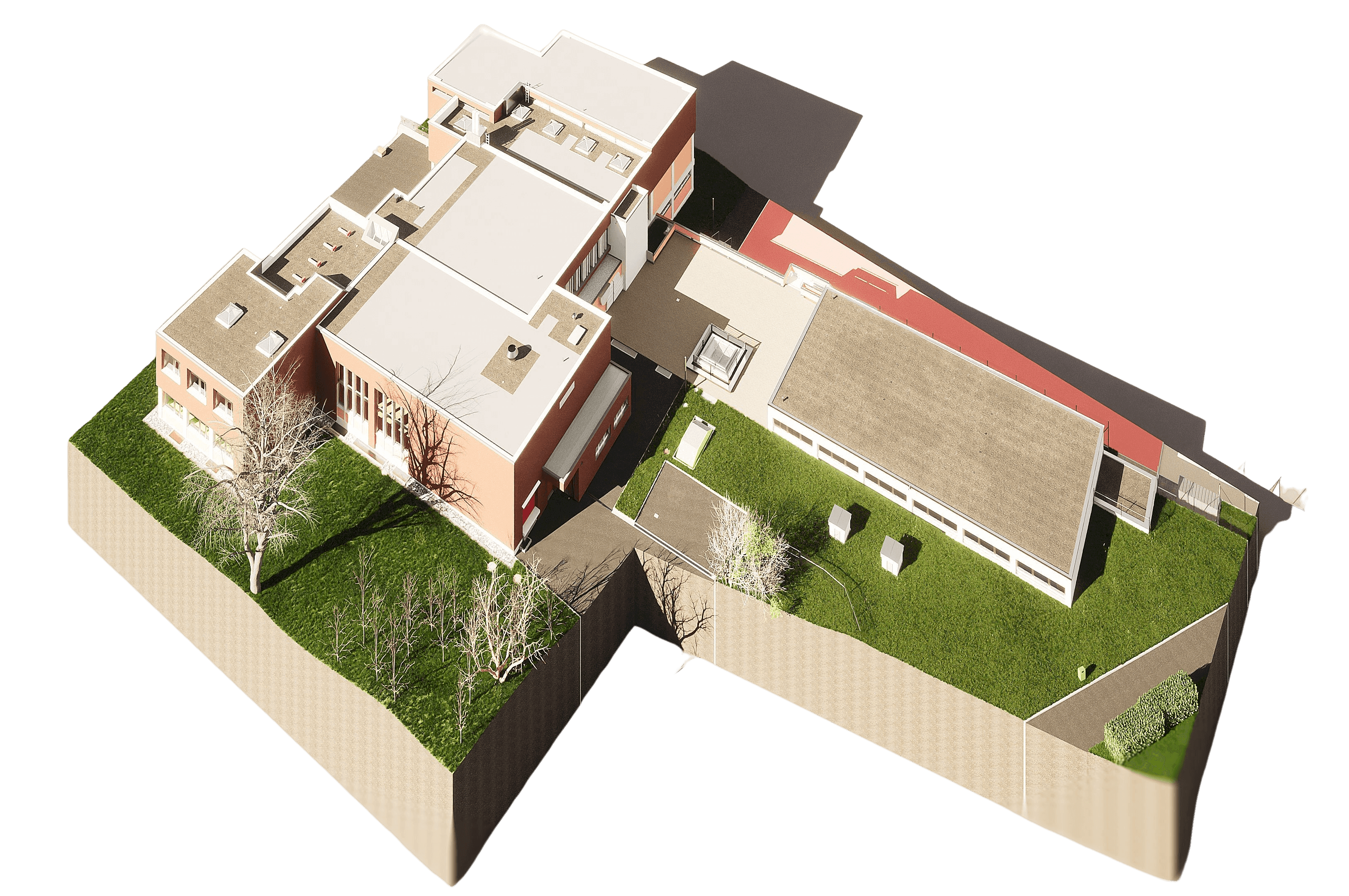 Ein modernes, architektonisches Modell eines Gebäudekomplexes mit grünem Außenbereich und Bäumen.