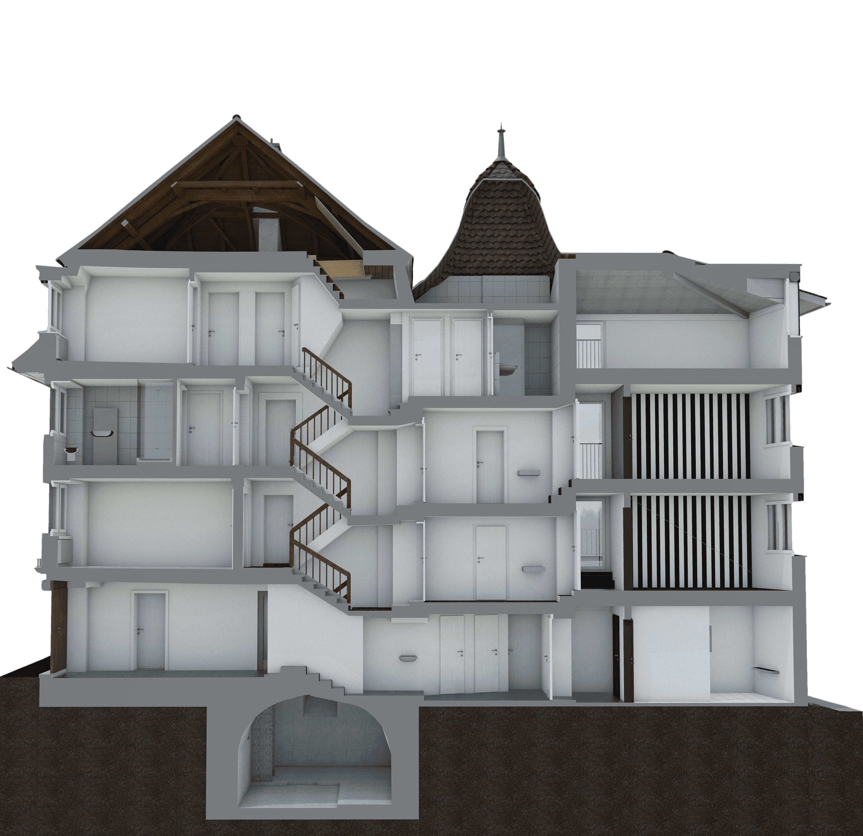 Gebäudeschnittansicht eines mehrstöckigen Hauses mit sichtbaren Innenräumen und Konstruktionsdetails.