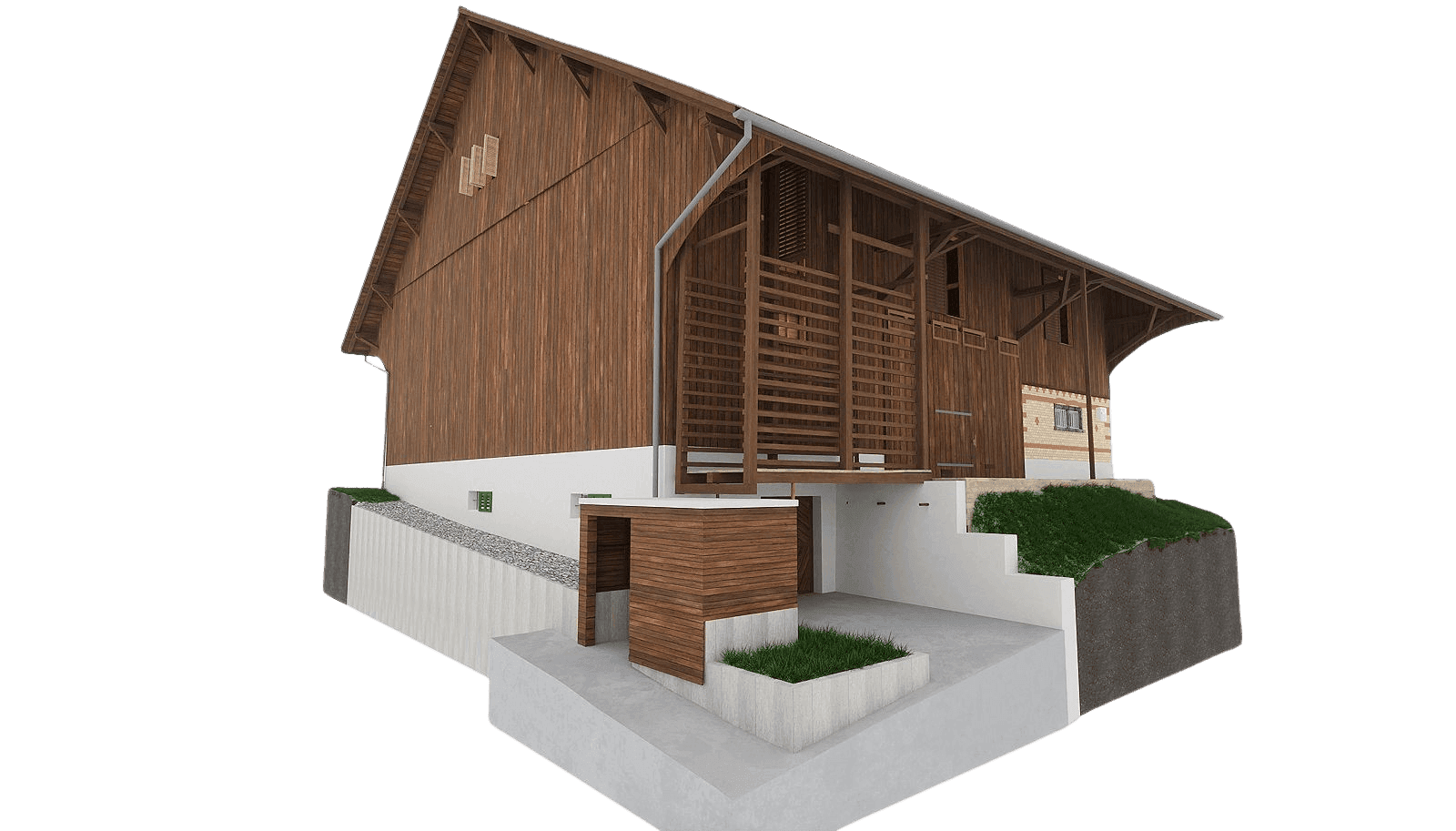Ein modernes Holzhaus mit steilem Dach, Betonfundament und begrünten Akzenten.