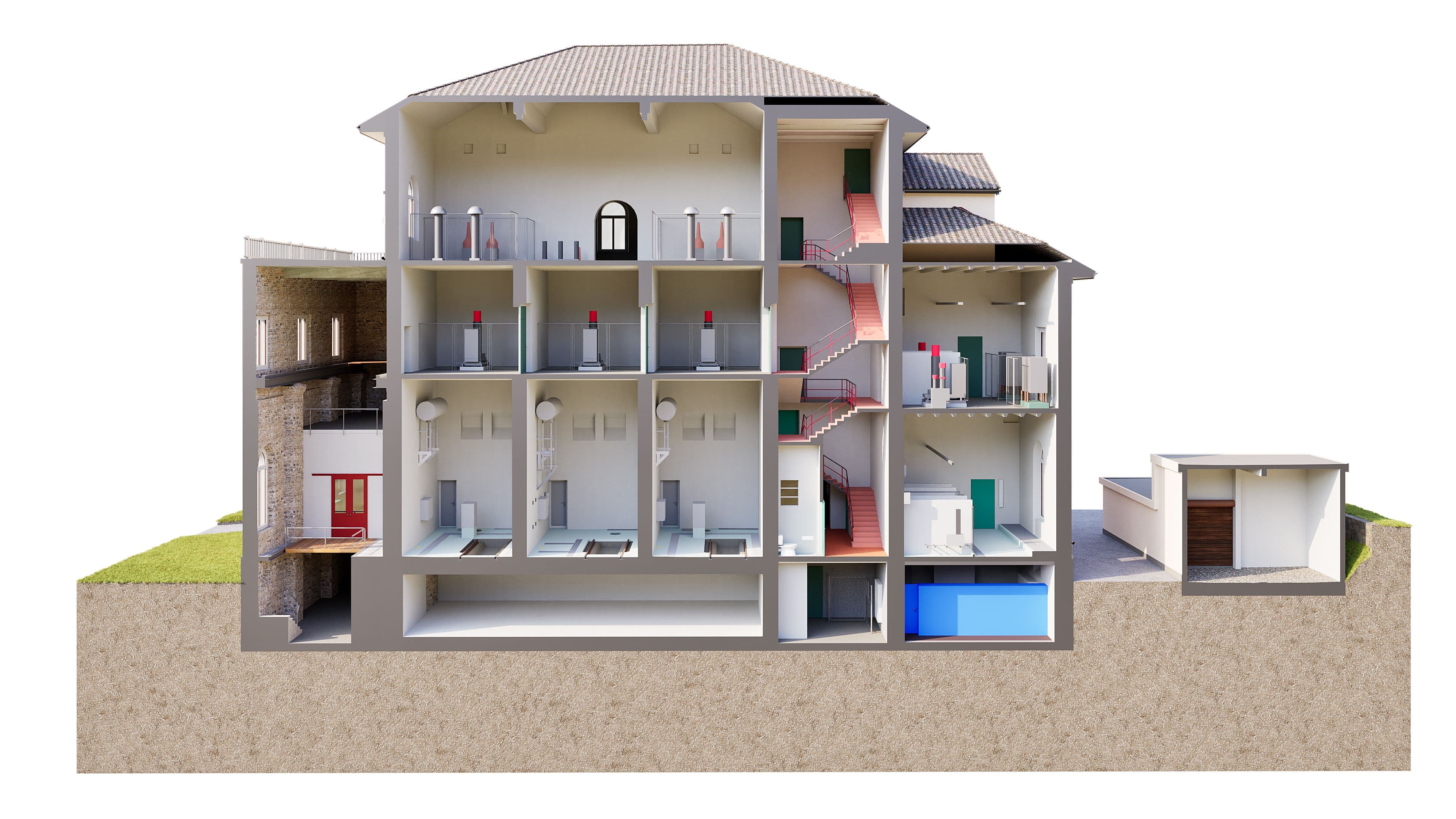 Querschnitt eines mehrstöckigen Gebäudes, das diverse Innenräume und Etagen zeigt. Ideal für Studien zu Architektur und Gebäudestruktur.