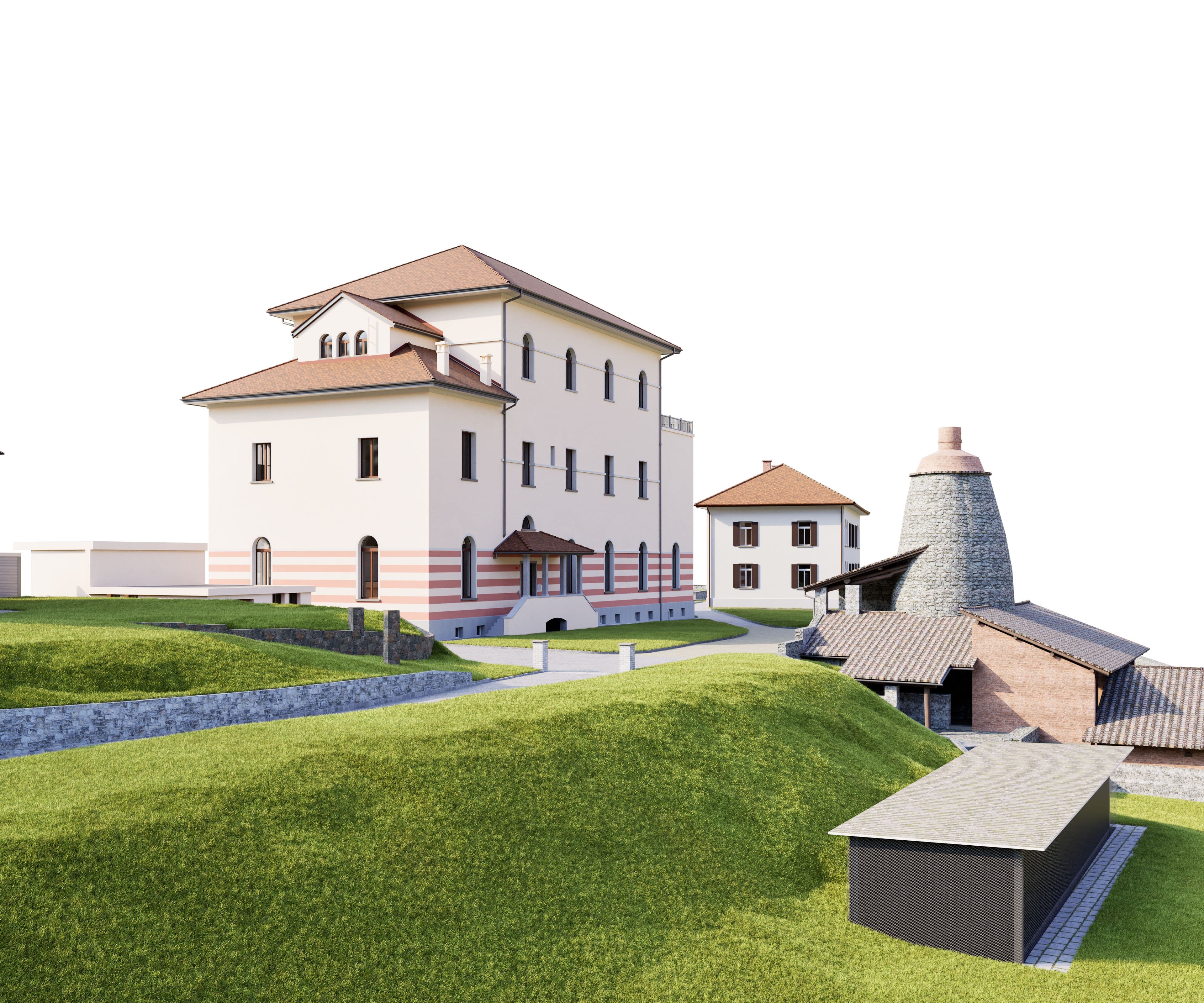 Historischer Gebäudekomplex auf einem grünen Hügel, bestehend aus einer großen Villa und mehreren Nebengebäuden, mit einem traditionellen Kalkofen im Vordergrund.