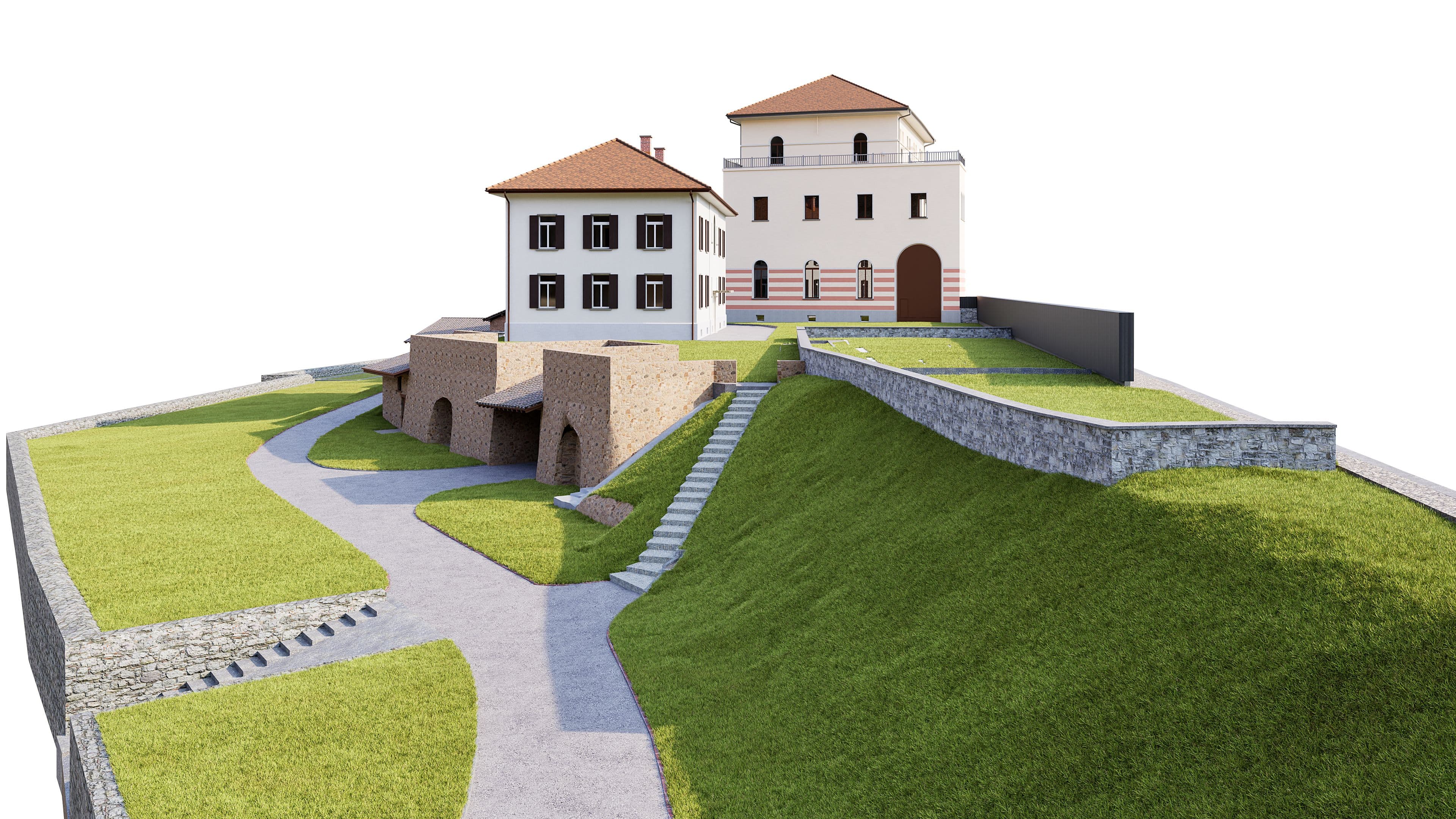 Eine 3D-Darstellung einer zweistöckigen römischen Villa auf einem Hügel mit gepflastertem Weg und grüner Landschaft.