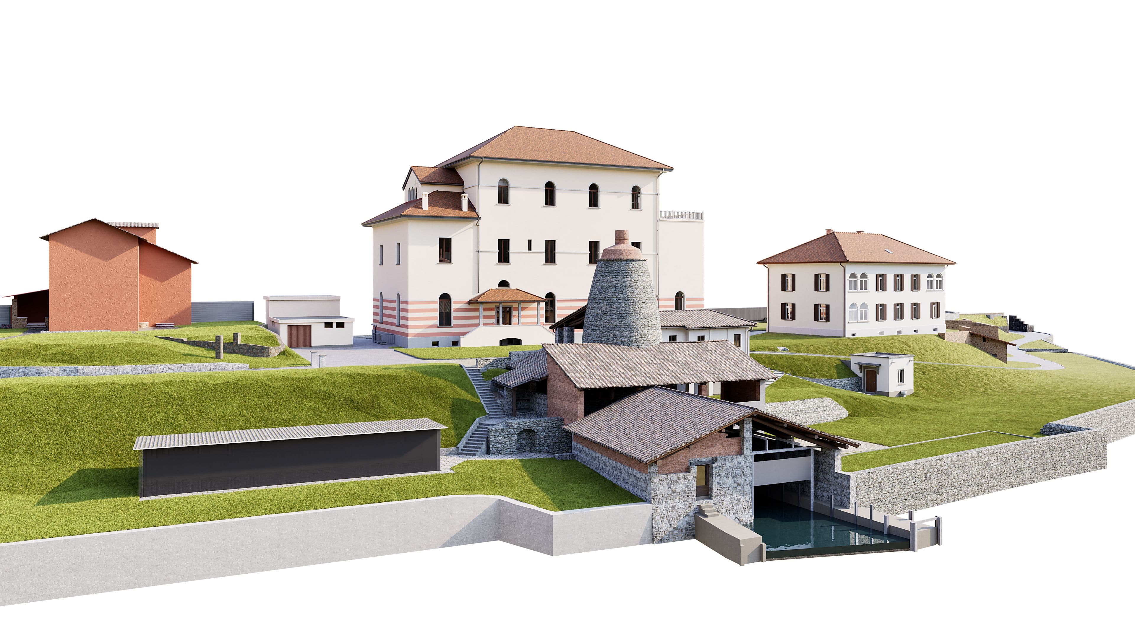 Entwurf eines historischen Industriegeländes mit mehreren Backsteingebäuden und Turm auf grünem Hügel, ergänzt durch Wasserkanal.