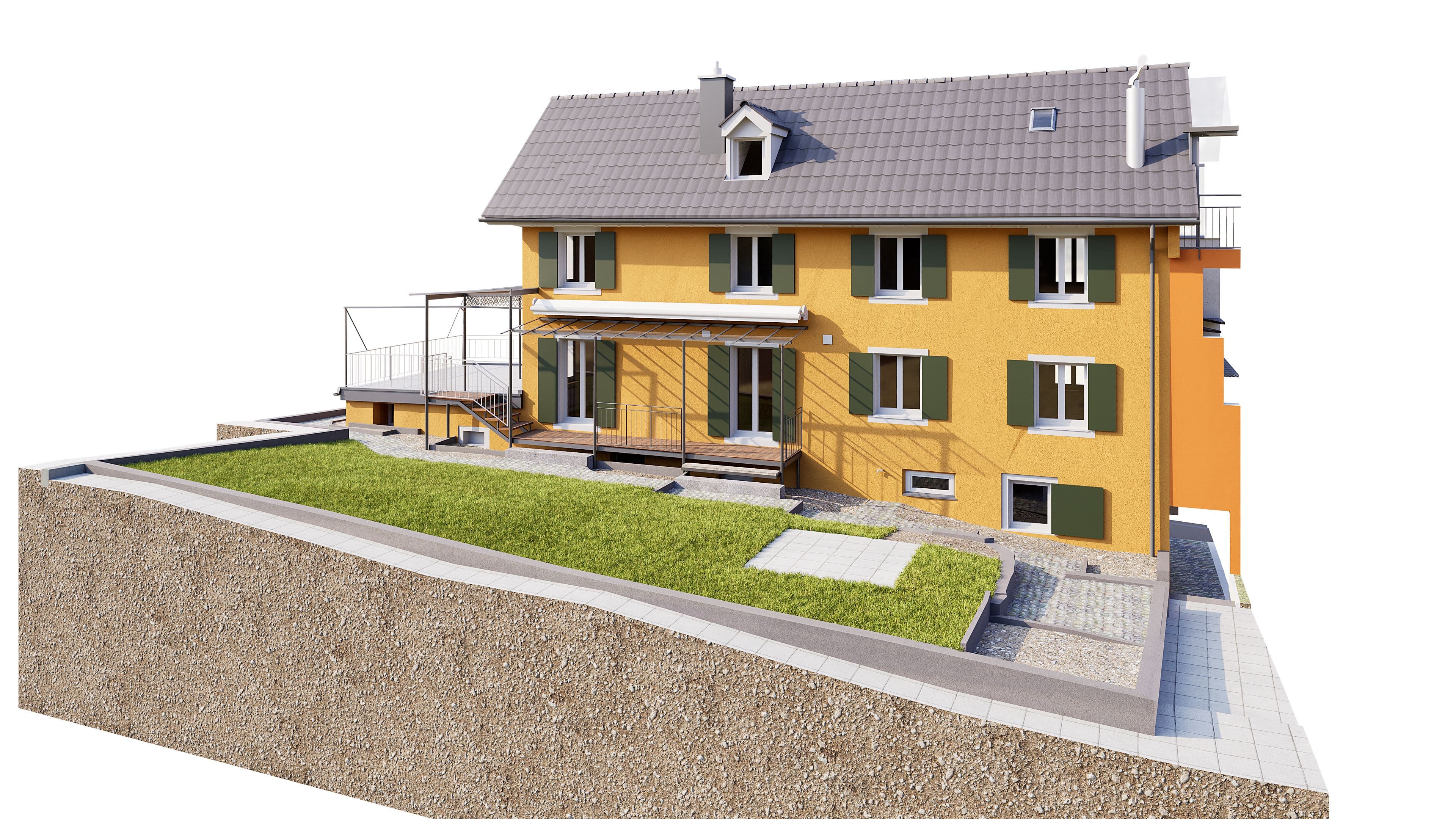 3D-Visualisierung eines gelben Mehrfamilienhauses mit grauem Satteldach, Balkonen und Garten auf Hanggrundstück, mit Treppen und Zufahrt vor weißem Hintergrund.