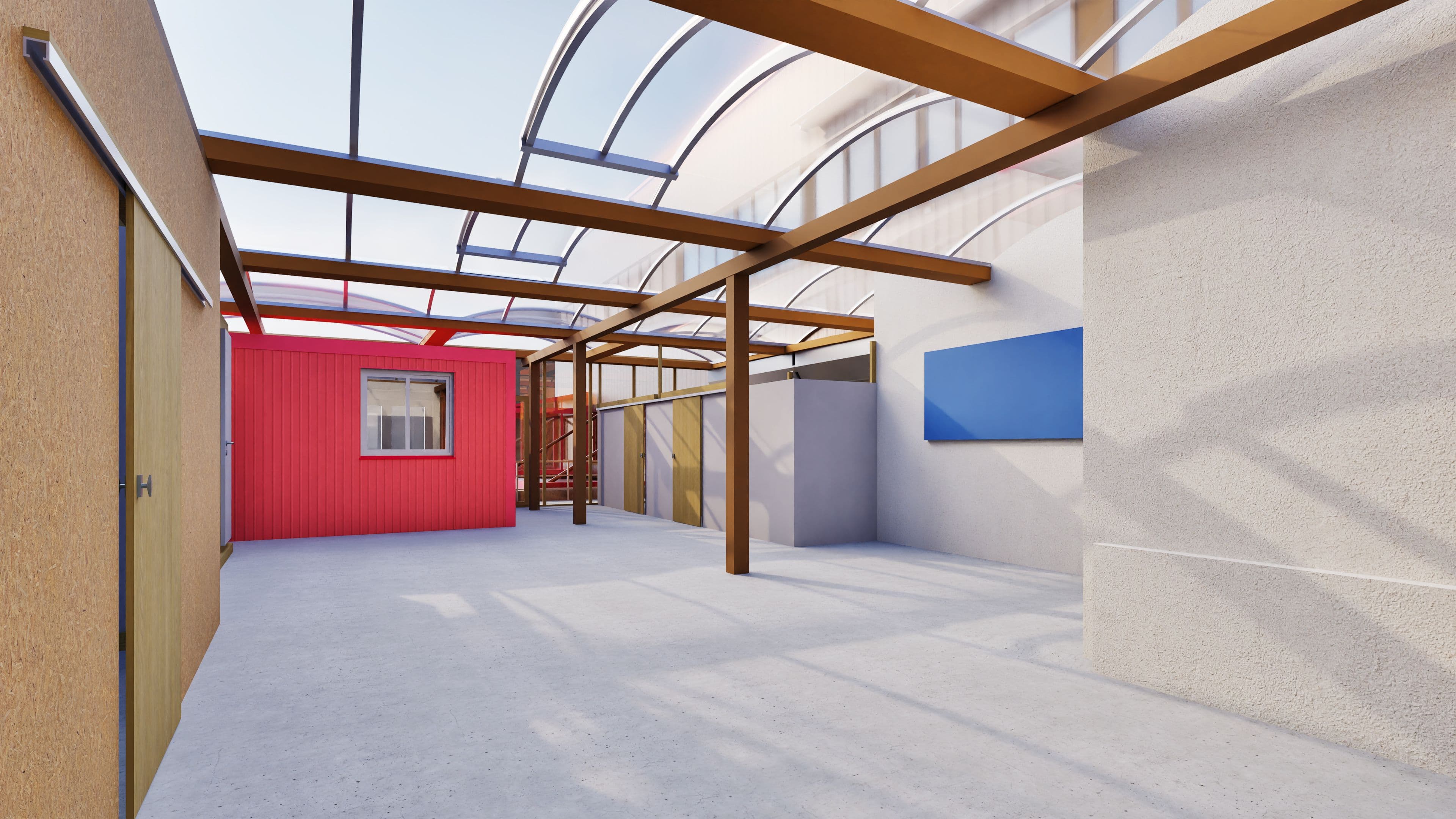 3D-Visualisierung eines überdachten Innenhofs mit Stahlträgern und transparentem Bogendach, Holz- und Betonwänden, rotem Container mit Fenster sowie blauem Wandelement.