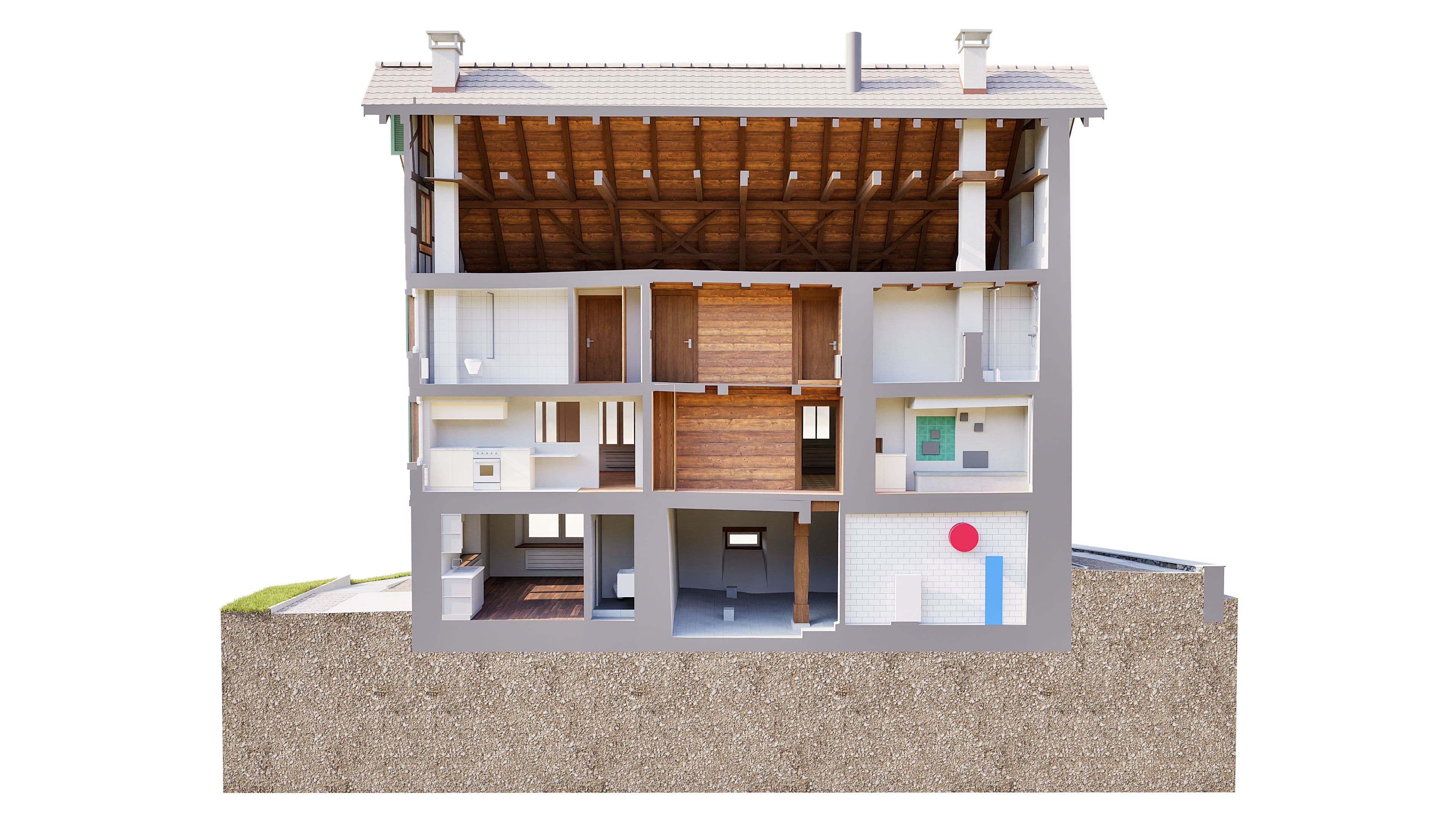 3D-Schnittmodell eines Hauses: Querschnitt durch mehrere Stockwerke mit Dachstuhl, Treppenhaus, Zimmern und Technikraum auf weißem Hintergrund, zeigt Innenaufteilung und Konstruktion.