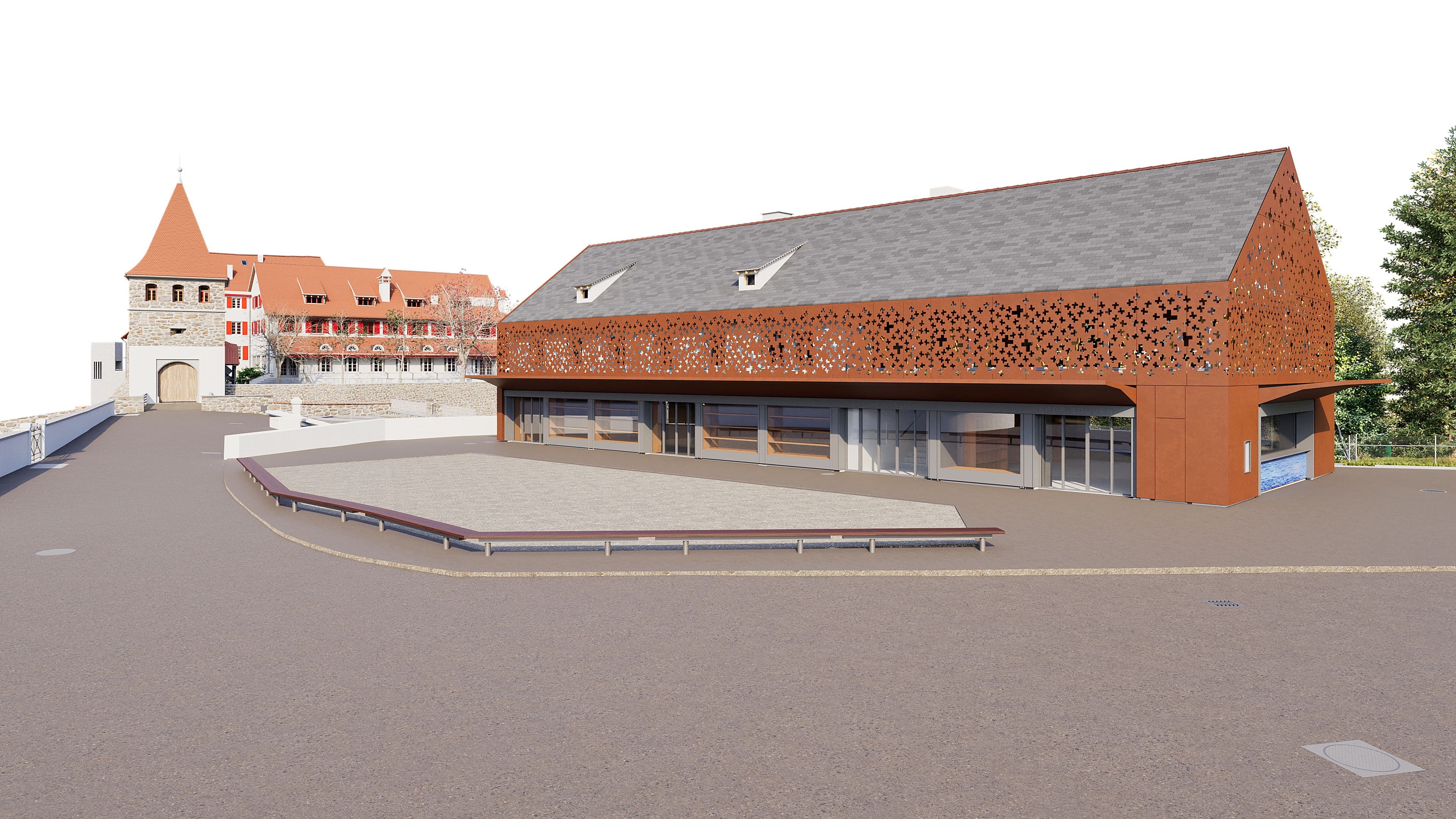 3D-Visualisierung eines modernen Gebäudes mit perforierter Roststahl-Fassade und Satteldach neben historischer Burganlage, Blick über einen großen Platz mit Rampe und Geländer.