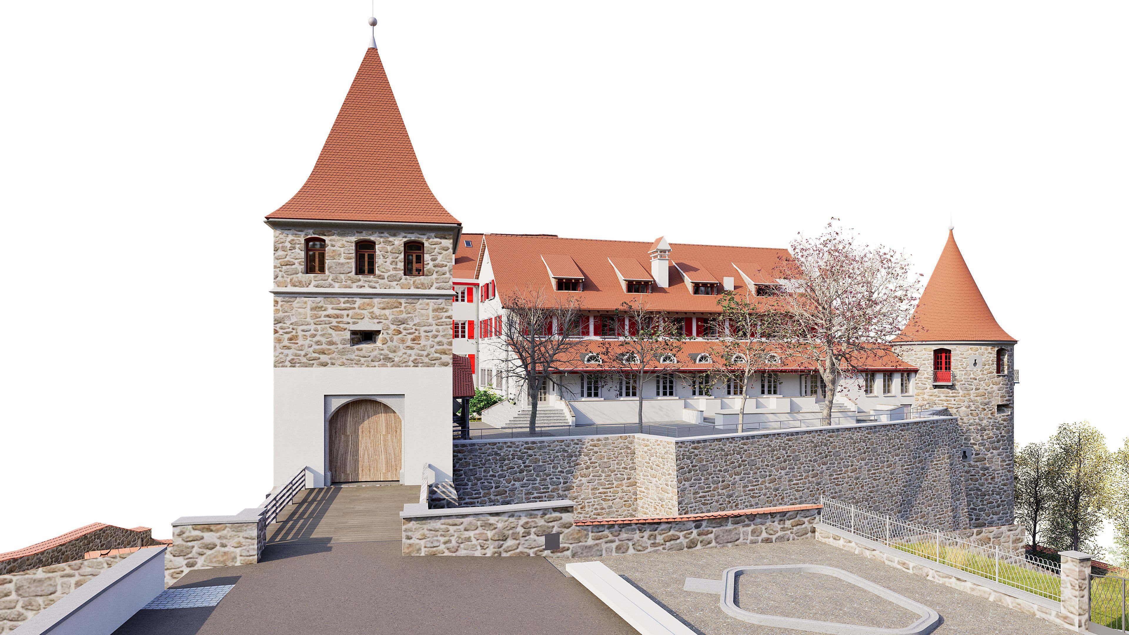 3D-Visualisierung einer mittelalterlichen Burganlage mit steinernem Torhaus und roten Spitzdächern, Innenhof und Mauern, freigestellt auf weißem Hintergrund.