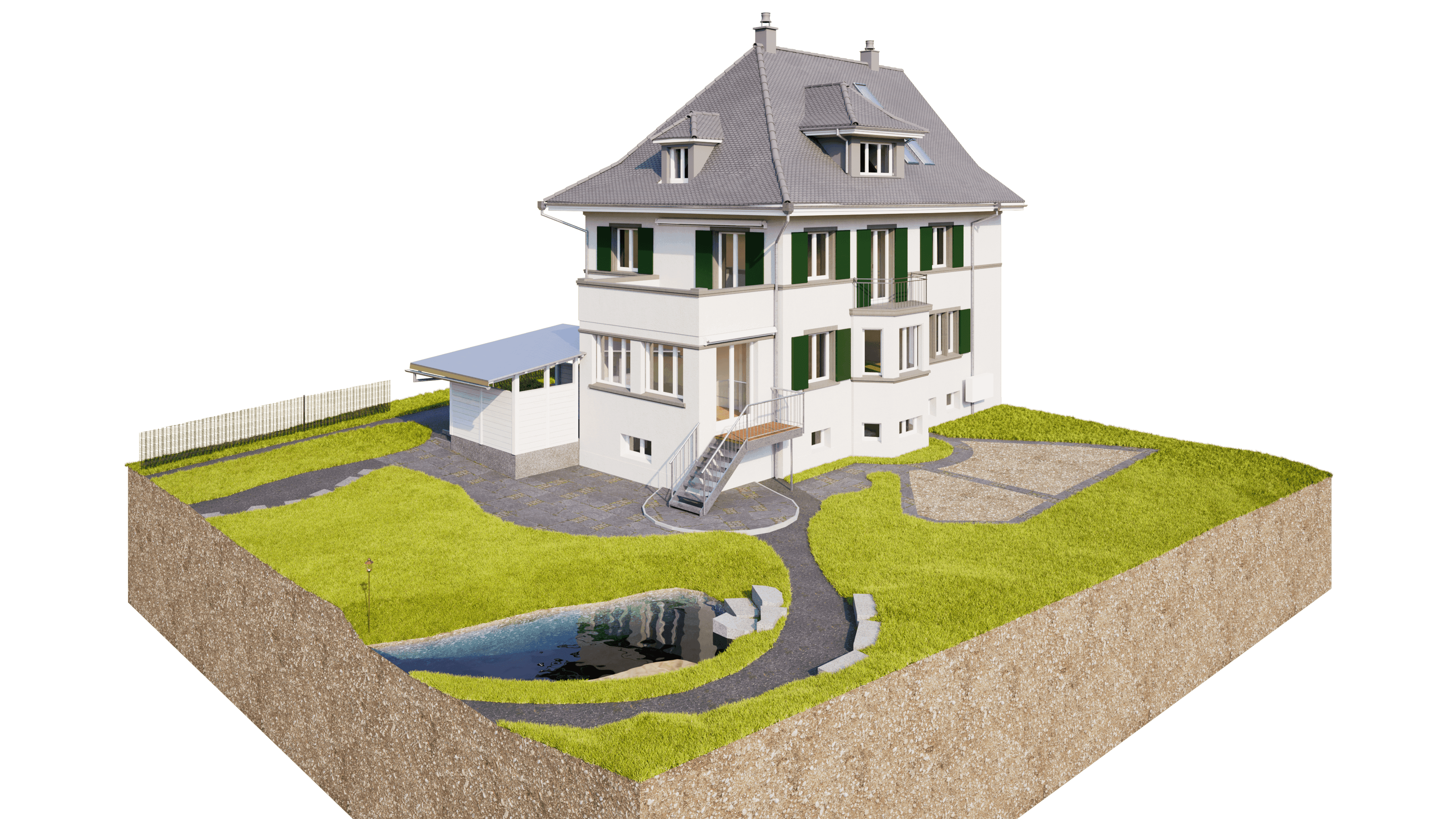 3D-Visualisierung eines mehrstöckigen Einfamilienhauses mit grauem Dach, grünen Fensterläden, Garten und Wegen auf Grundstücks-Schnitt, inklusive kleiner Senke/Teich im Vordergrund.