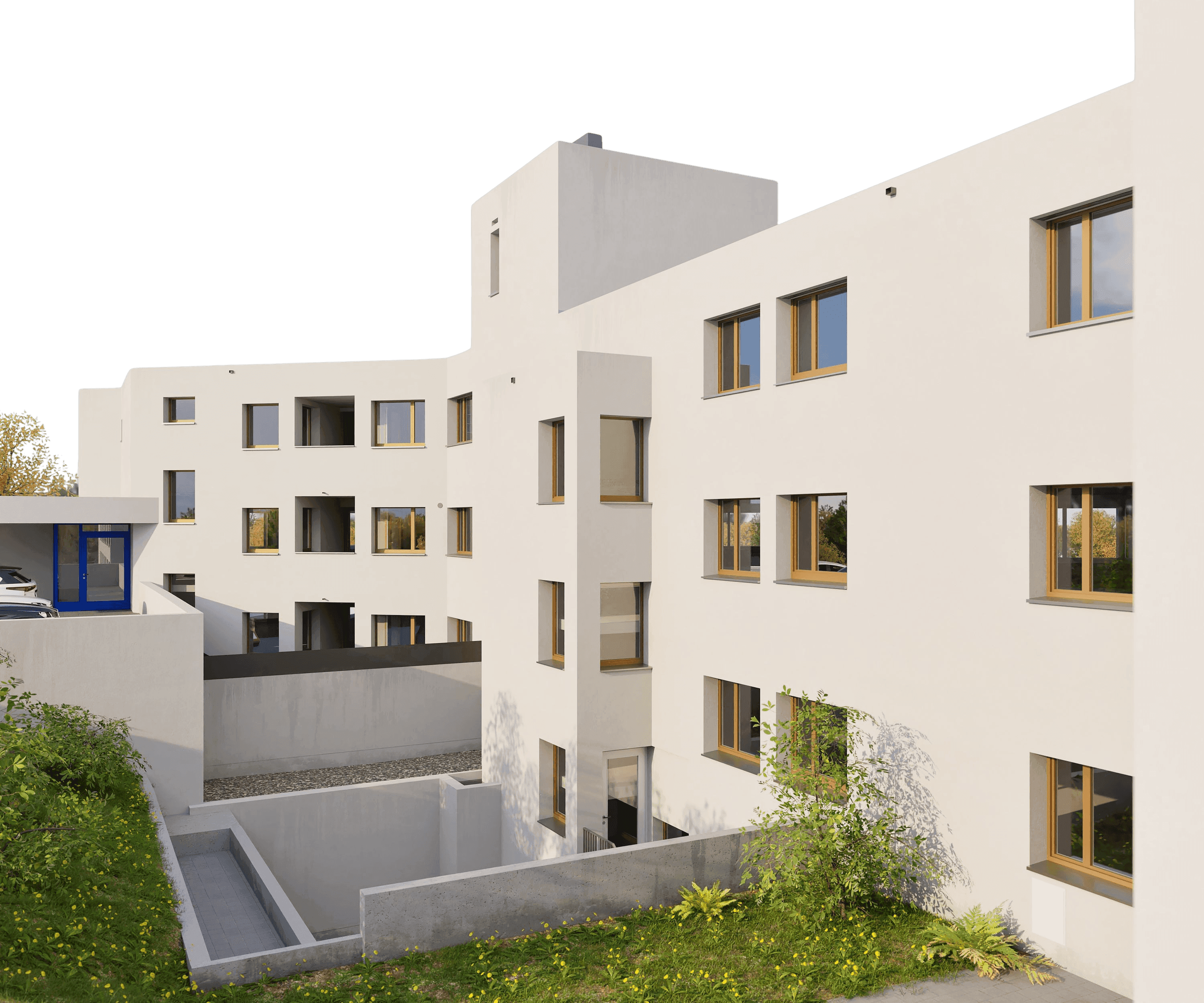 Moderne Wohnanlage mit weißen Fassaden, großen Fenstern und begrünter Umgebung.