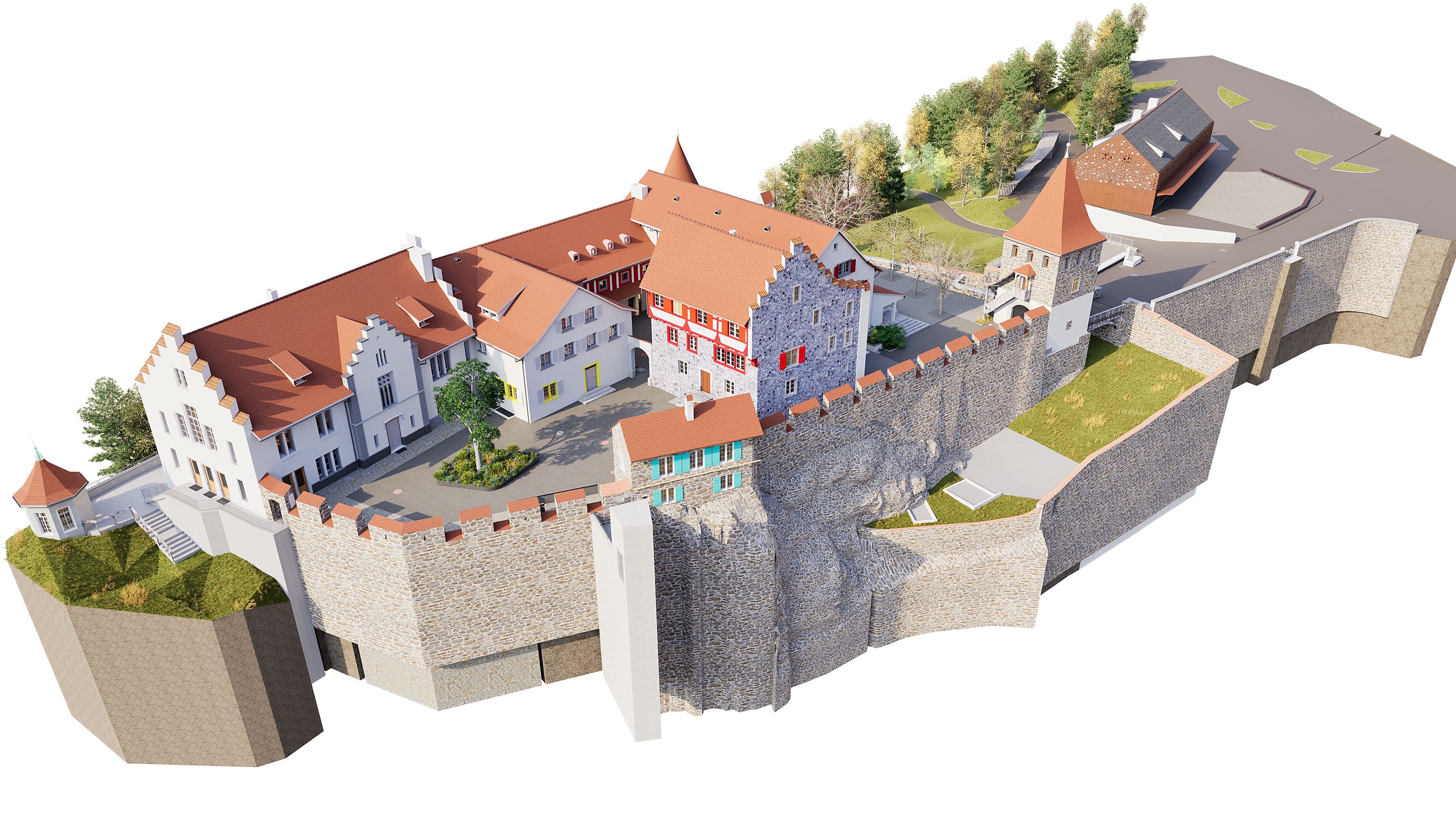 3D-Visualisierung einer mittelalterlichen Burganlage mit Wehrmauern, Türmen und Innenhof, roten Ziegeldächern, mehreren Gebäuden und umliegenden Bäumen, perspektivische Vogelansicht auf weißem Hintergrund.