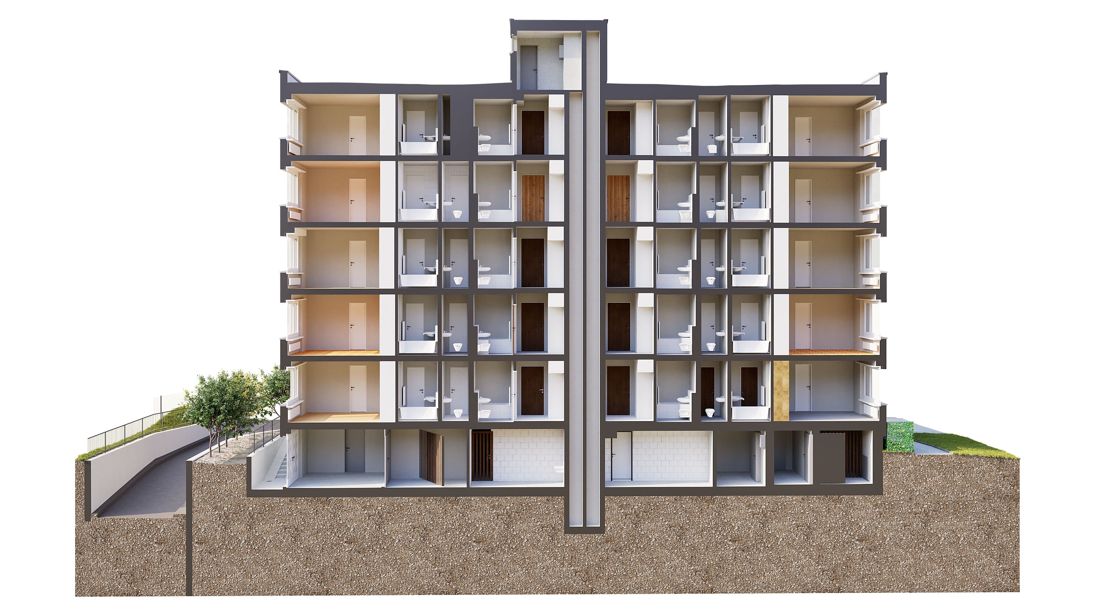 3D-Schnittansicht eines mehrstöckigen Wohngebäudes mit Wohnungen, Treppenhaus und Kellergeschoss im Erdprofil, Architektur-Visualisierung auf weißem Hintergrund.