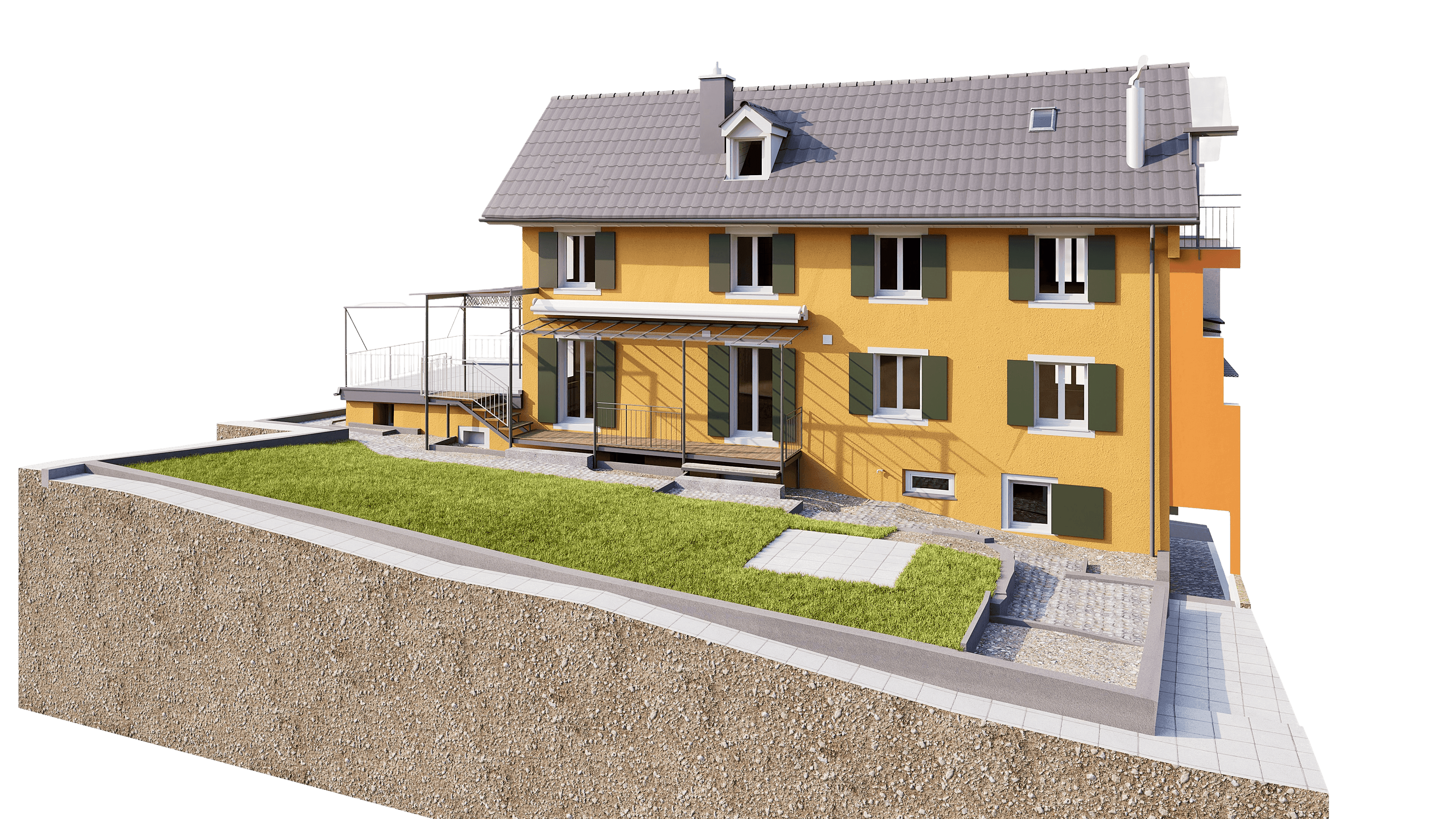 3D-Visualisierung eines gelben Einfamilienhauses mit grauem Satteldach, Fensterläden, Terrasse und Garten auf Hanggrundstück mit Stützmauer und gepflastertem Weg.
