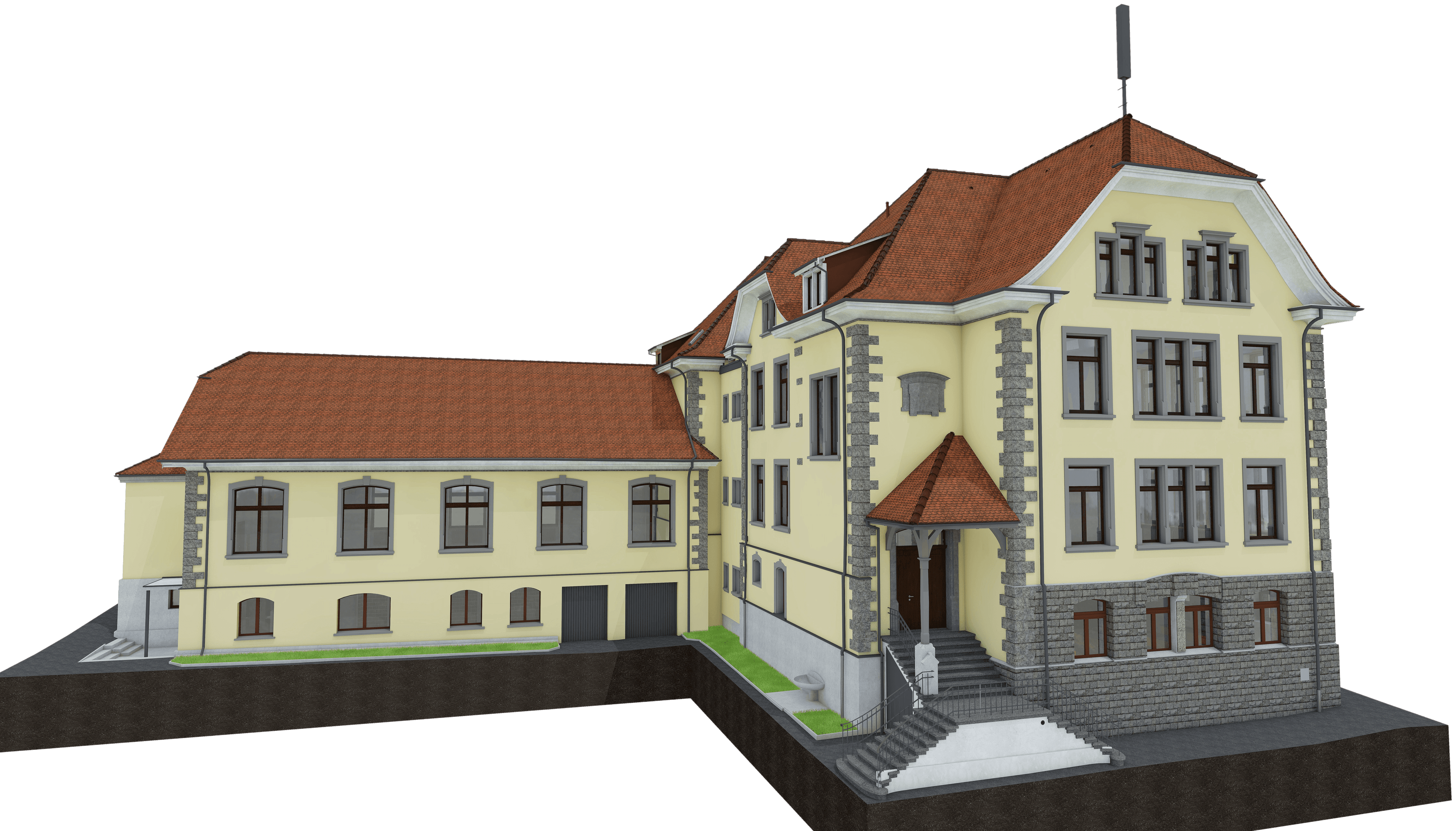 Ein historisches Gebäude mit gelber Fassade, roten Ziegeldächern und weißen Fenstern, architektonisch im traditionellen Stil gestaltet.