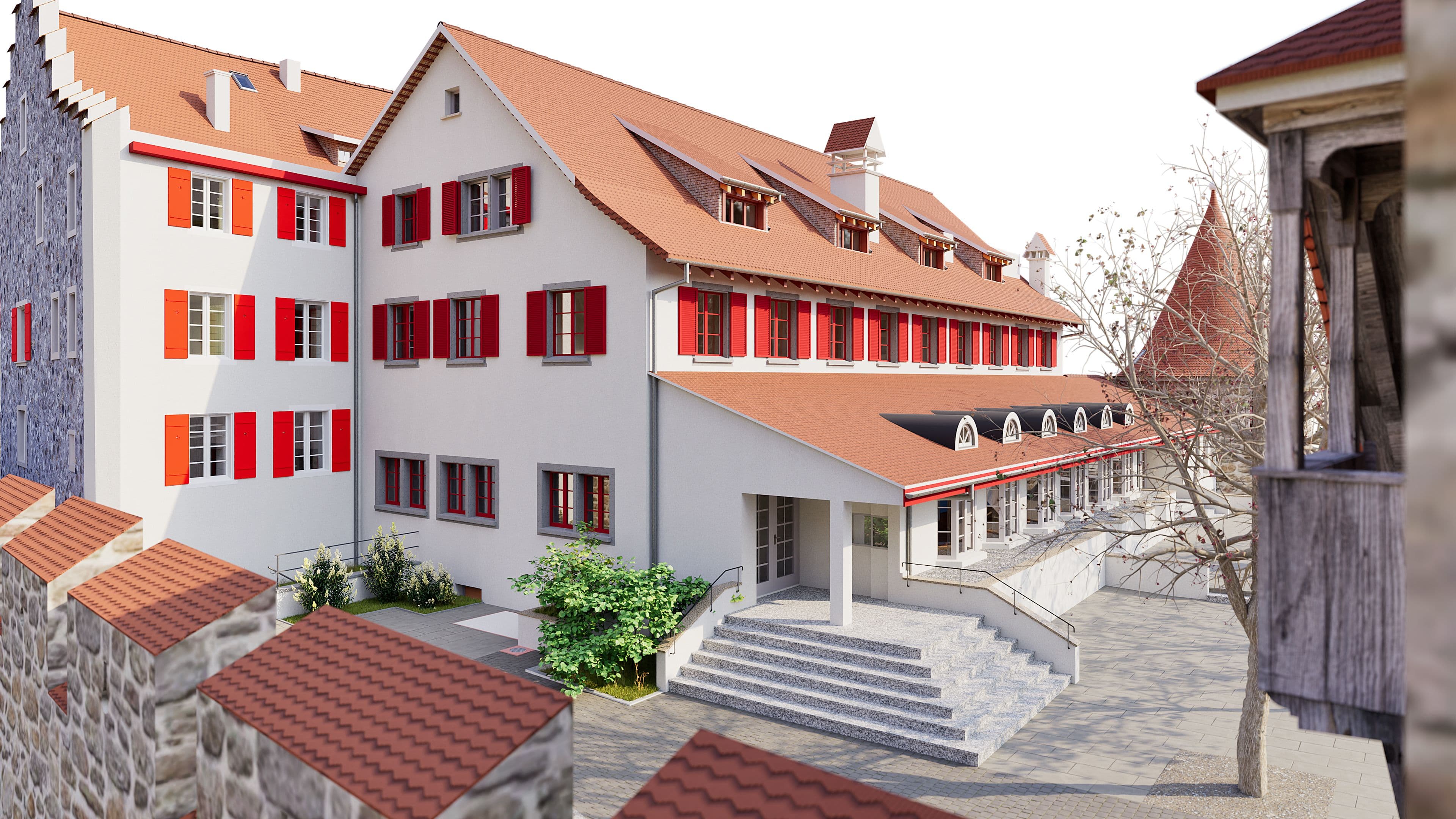 3D-Visualisierung eines historischen Gebäudekomplexes mit roten Fensterläden, Ziegeldächern und breiter Treppe in einem Innenhof, umgeben von alten Mauern und Nachbargebäuden.