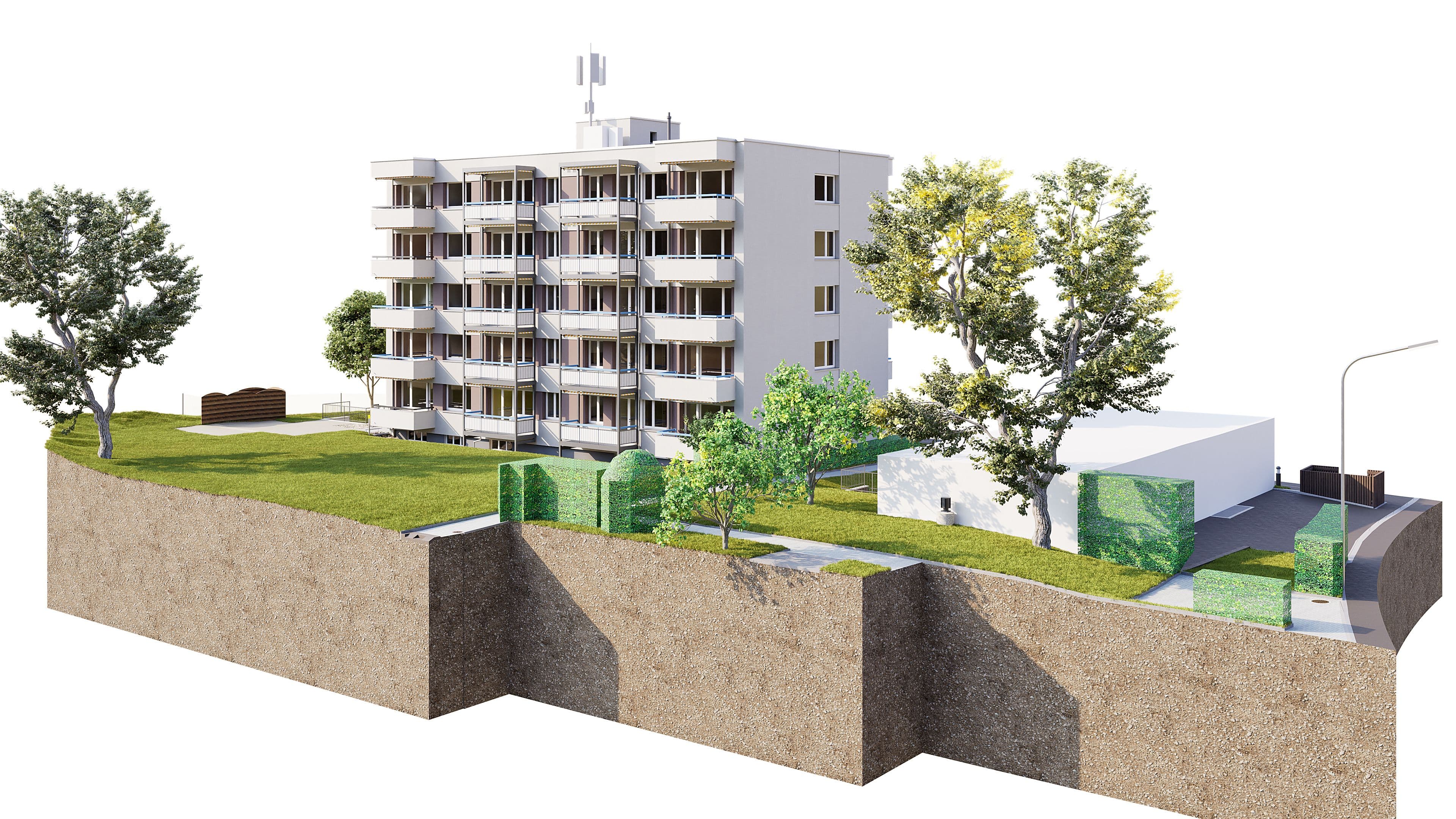 3D-Architekturvisualisierung eines mehrstöckigen Wohnhauses mit Balkonen auf erhöhtem Gelände, Grünflächen, Bäumen, Hecken und angrenzender Straße; Schnittdarstellung des Bodens und der Umgebung.