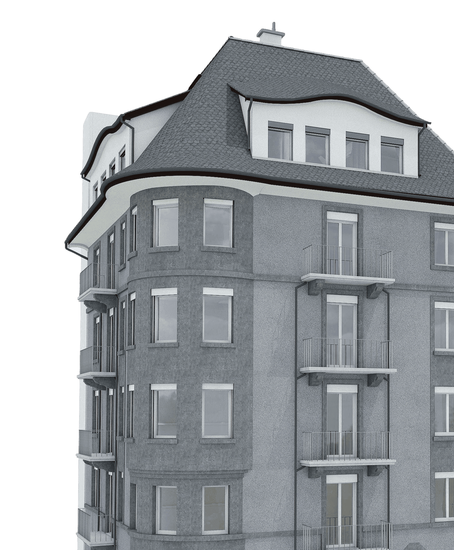 Mehrstöckiges, modernes Wohngebäude mit Balkon und Dachgauben.